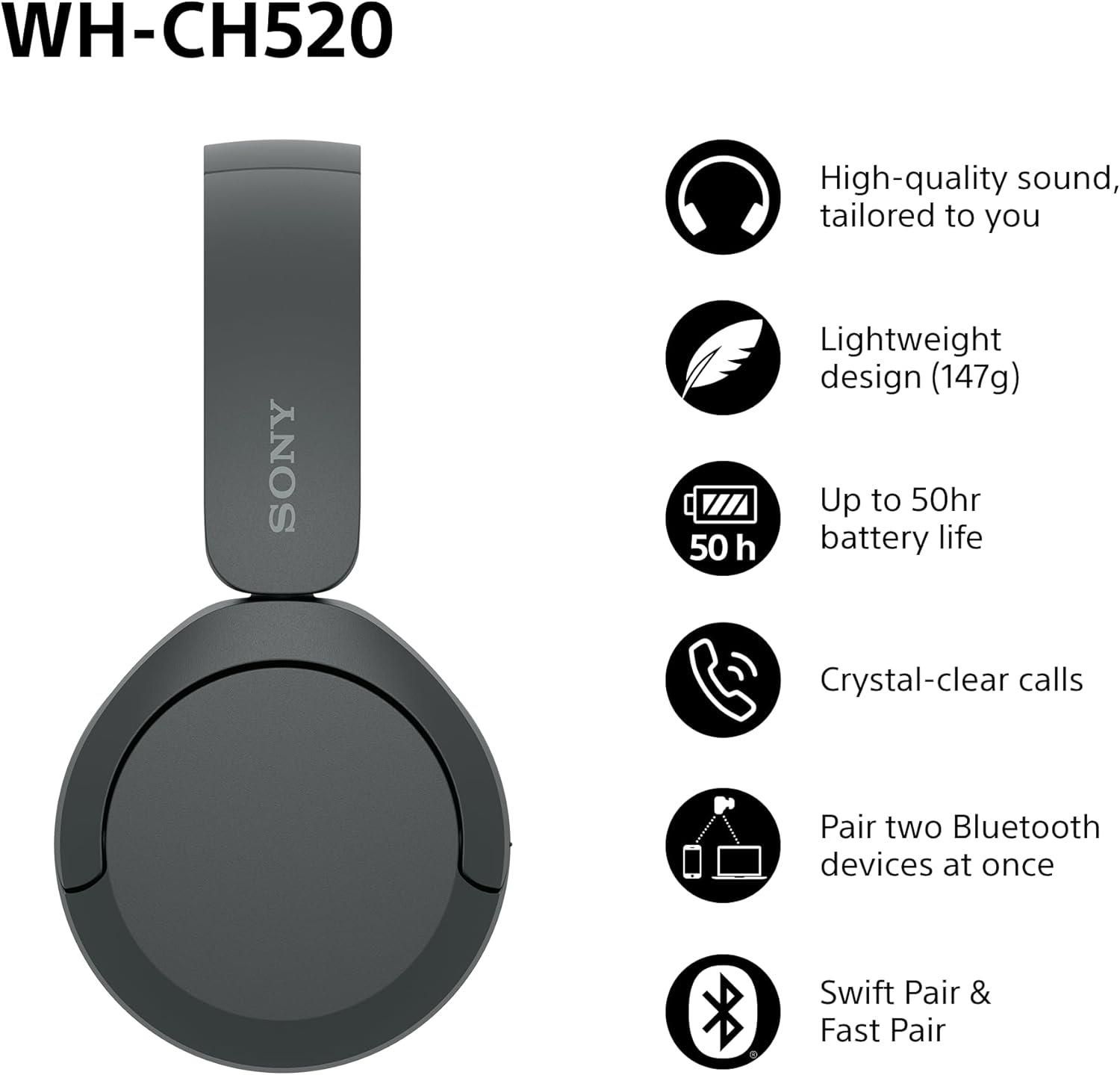 Sony WH-CH520 WIRELESS OVER EAR HEADPHONES BLACK