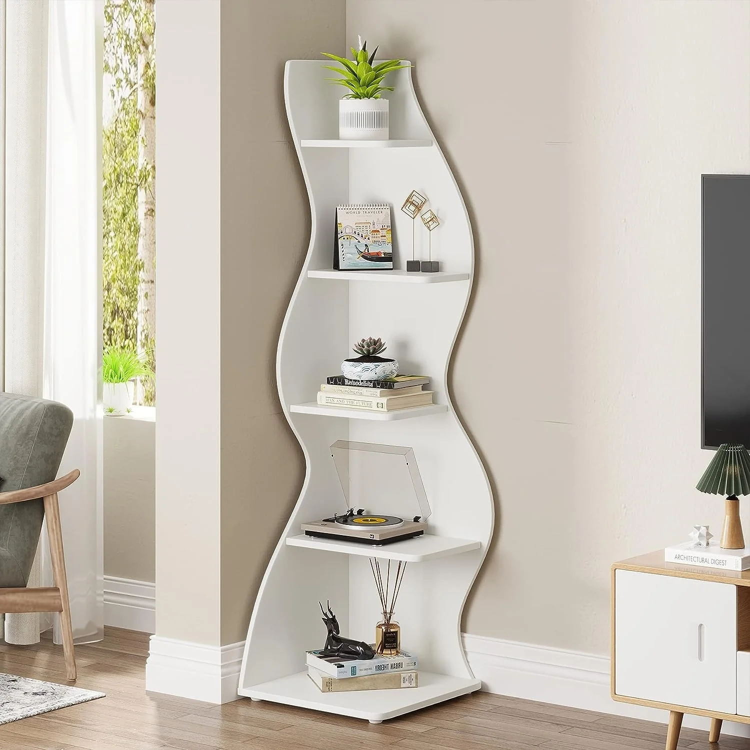 Corner Shelf Bookcase Bookshelf with Unique Shape for Living Room, Home Office