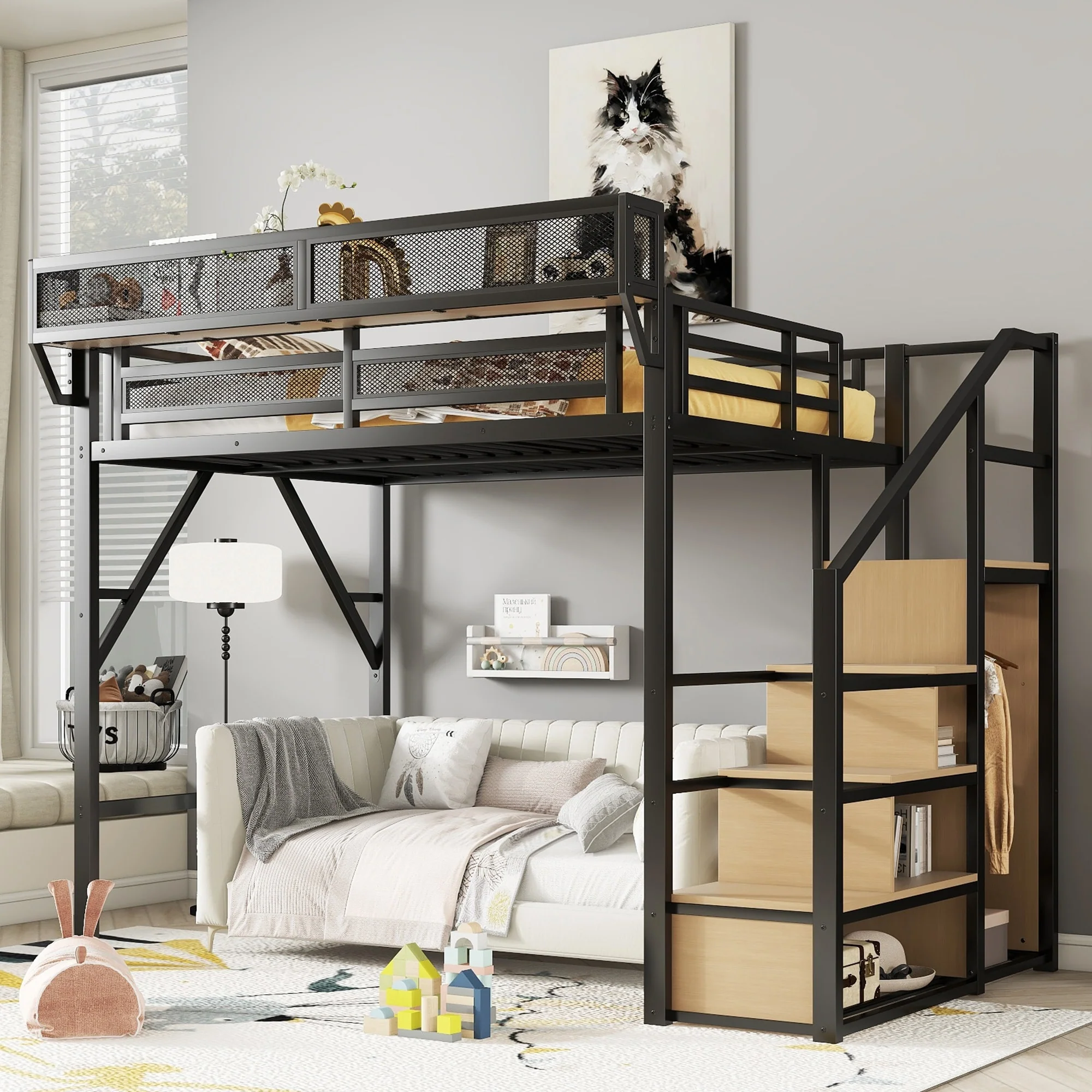 Full Size Loft Bed with Stairs, Metal Full Loft Bed with Storage Shelves, High Loft Bed with Wardrobe for Kids Teens