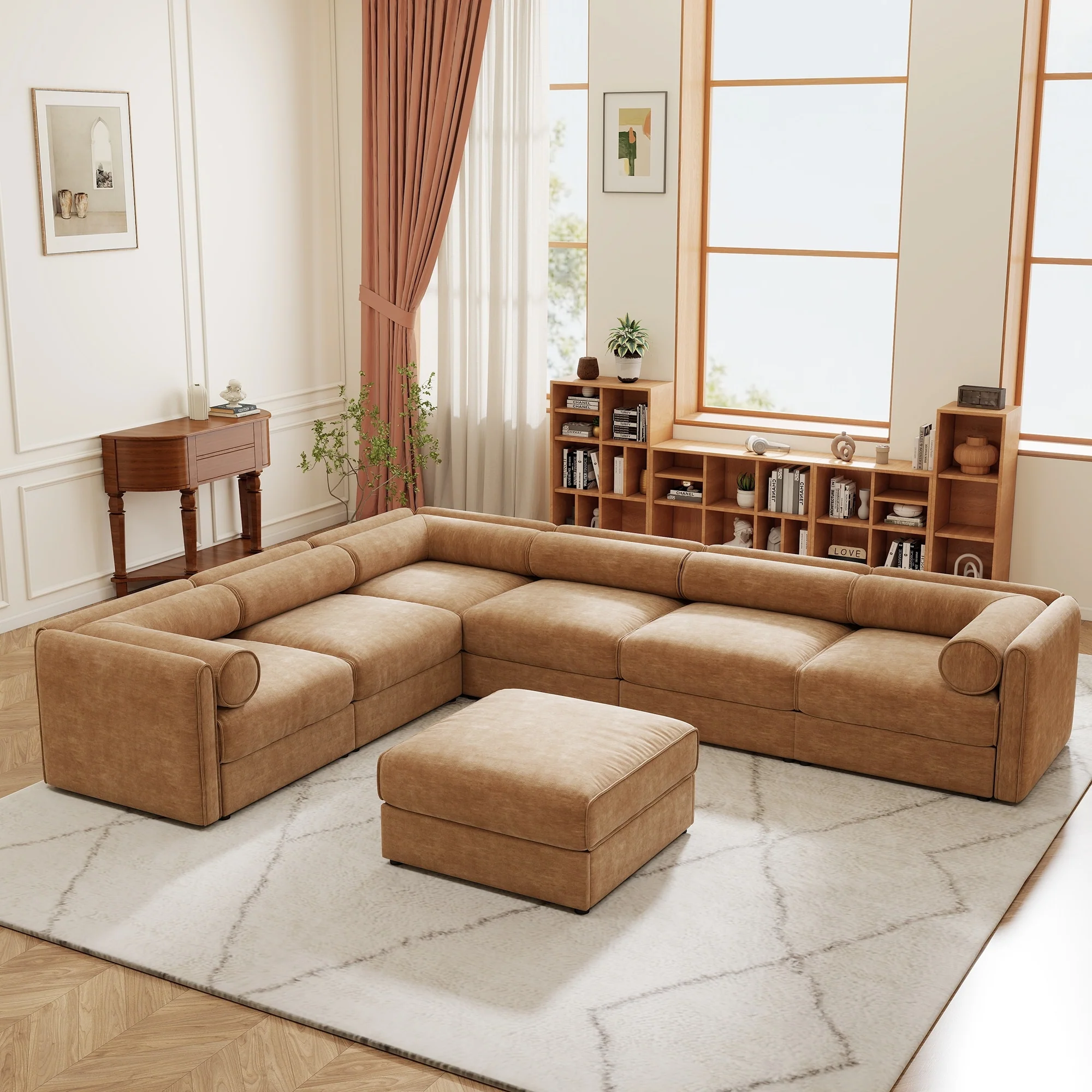GDFStudio - Shanks Chenille 6-Seater Sofa With 1 Ottoman