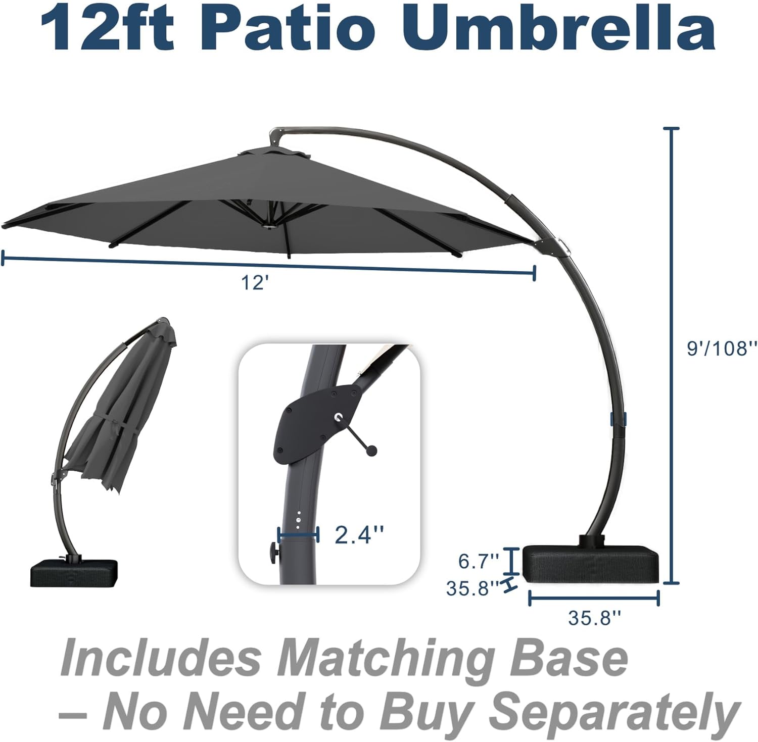 12FT Cantilever Umbrella with Base Large Curvy Outdoor Aluminum Offset Umbrella w/ 360° Rotation  UV Resistant Canopy for Patio  Garden  Backyard  Grey