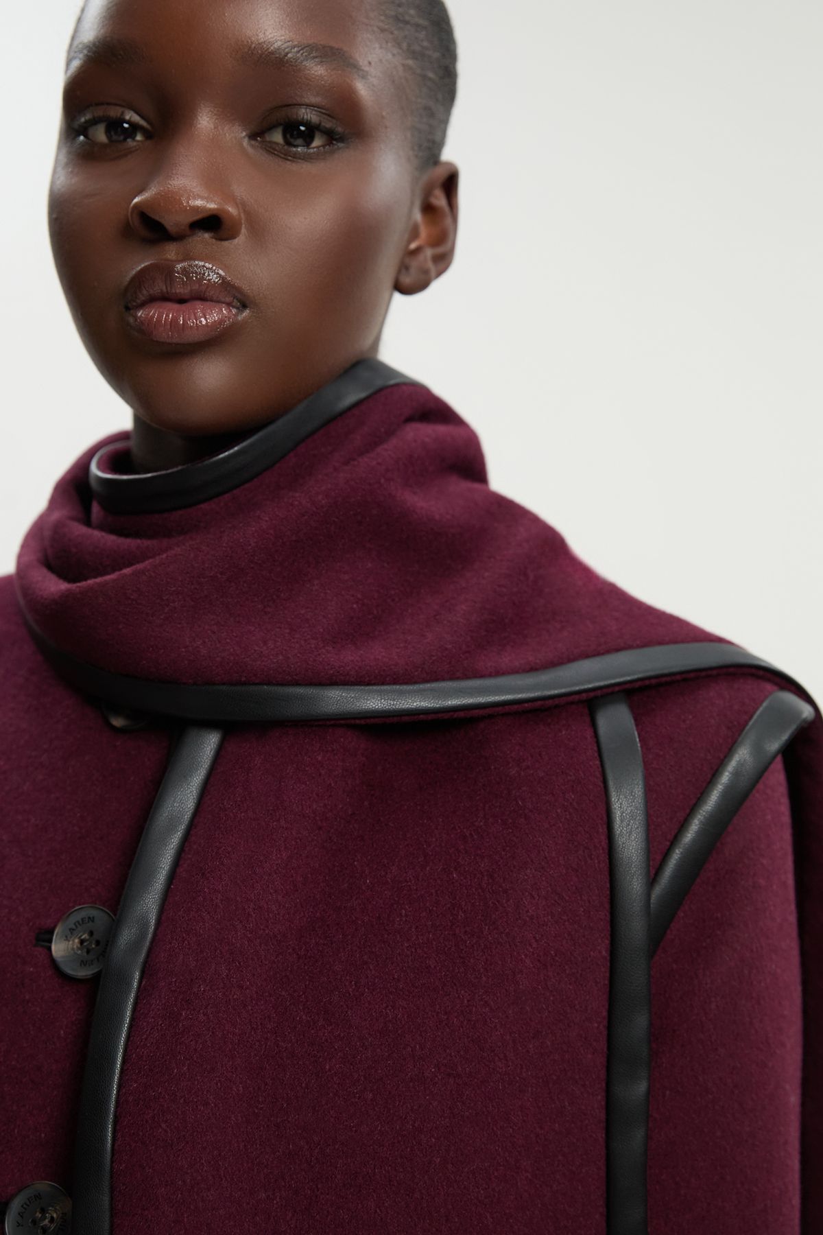 KarenMillen Petite Brushed Wool Pu Mix Detachable Scarf Tailored Crop Coat