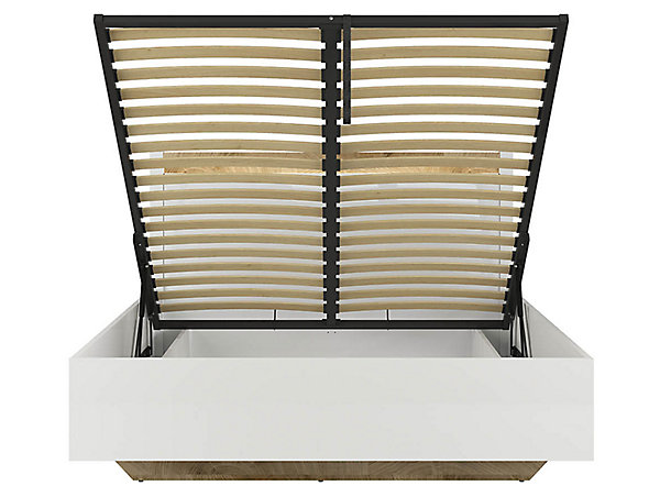 Lit coffre 160x200 avec sommier et rangement   LED, coloris Blanc brillant/Chêne clair - L. 208,5 x P. 165,5 x H. 42,5-104 cm