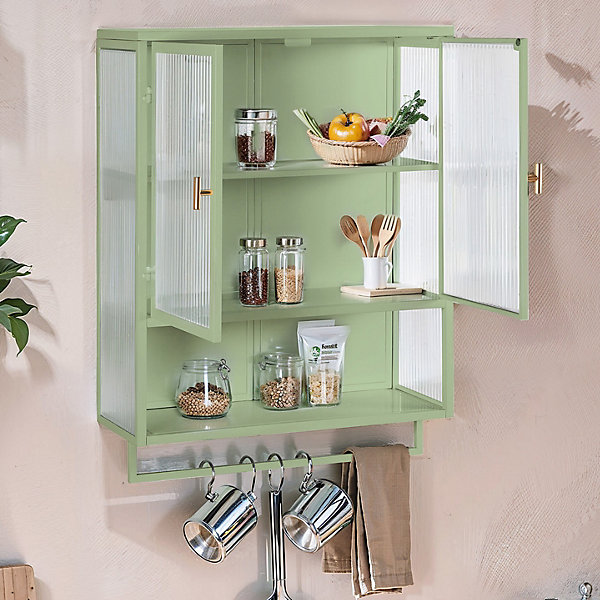 Armoire Murale Moderne avec Portes Vitrées et Porte-Serviettes, Meuble Mural avec étagères - 60x23x78 cm - Vert, Verre Métal