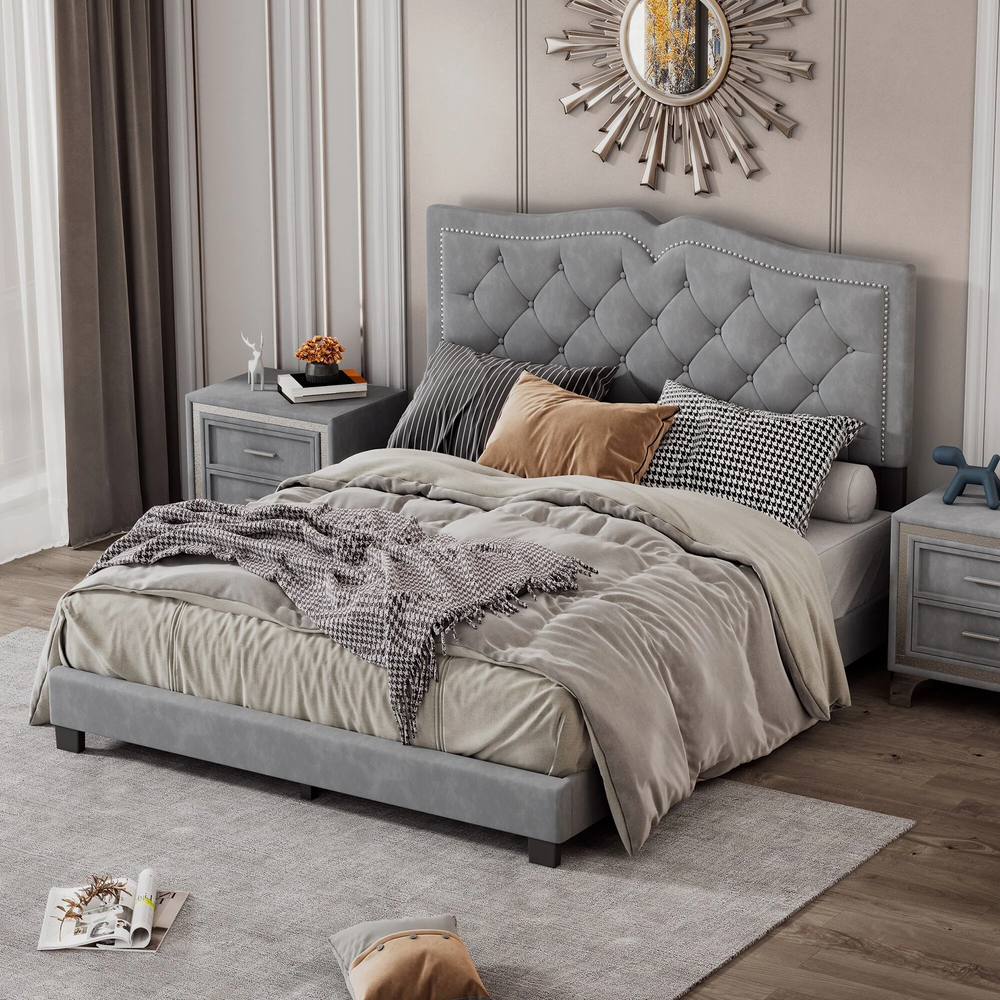 Upholstered Queen Bed Frame with Rivet Accents, Velvet Tufted Headboard