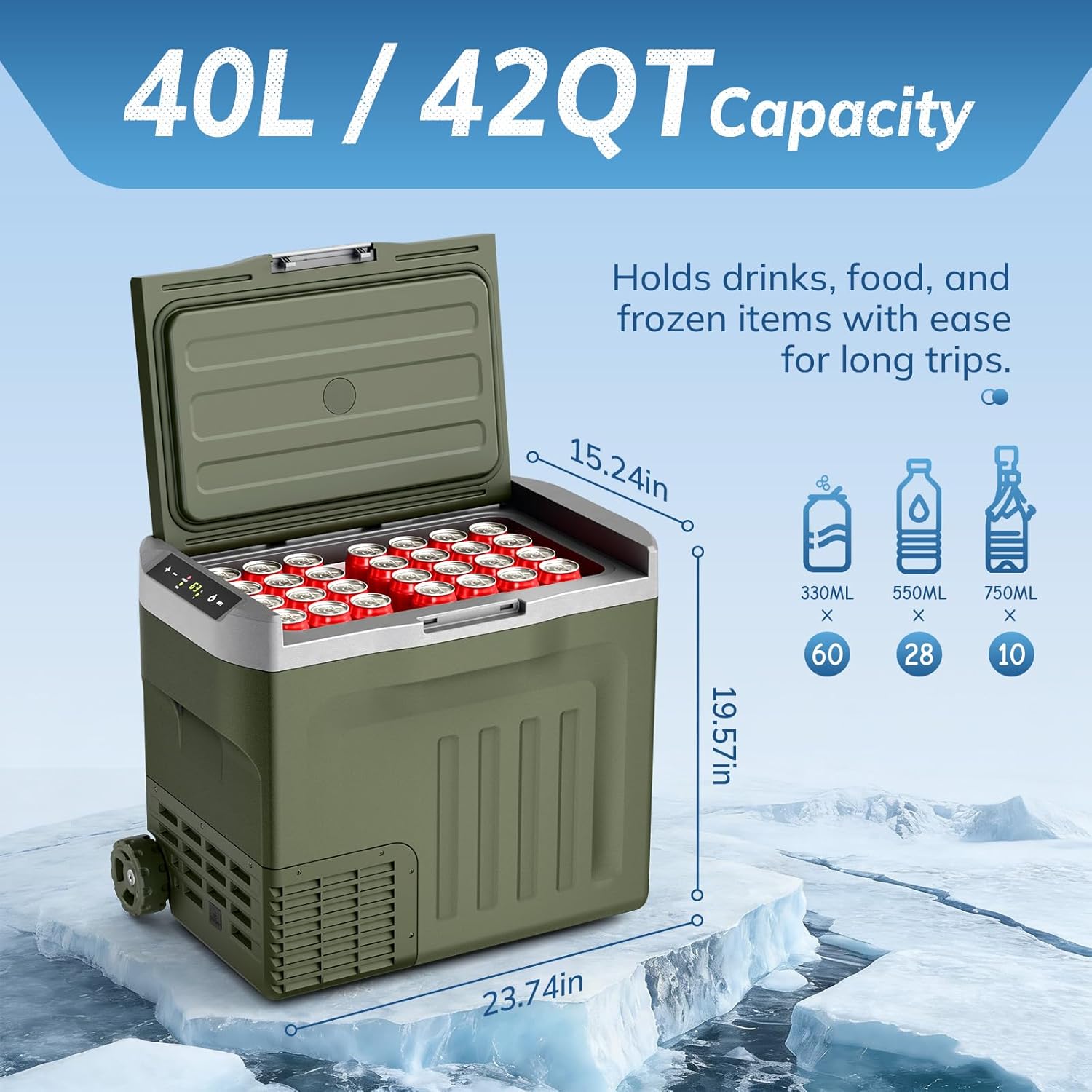 Antarctic Star 12 Volt Refrigerator,43QT(40L)Electric Cooler Compressor, Portable Refrigerator -4℉~68℉,Car Fridge 12/24V DC 100-240V AC,Portable Freezer with Wheels&2 Baskets for Camping,Travel,GREEN