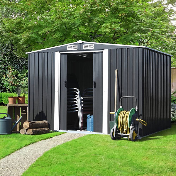 Abri de jardin en acier galvaniséL. 246 x P. 193 x H. 178 cm - Gris anthracite - 4,77m² - Portes coulissantes