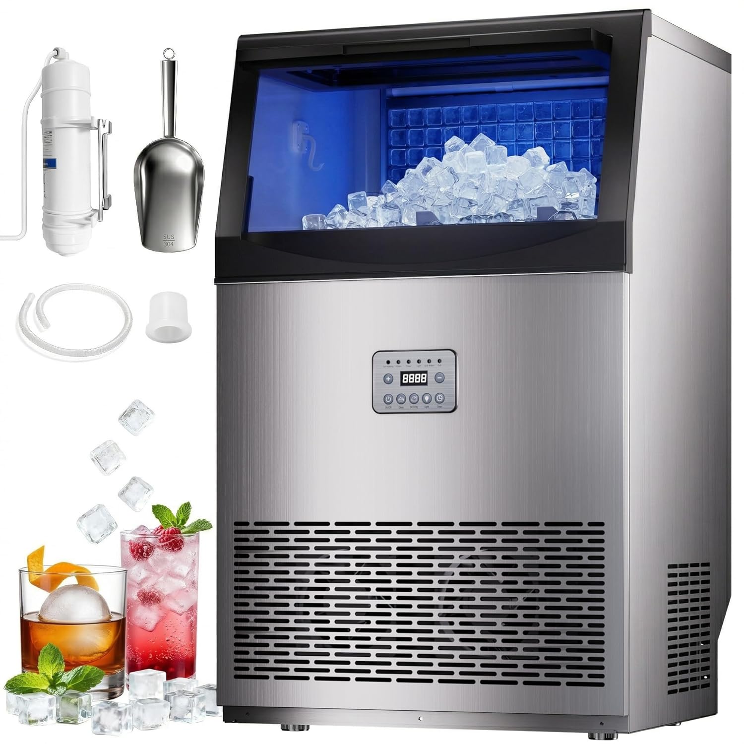 Commercial Ice Maker, 110lbs/24H, 33lbs Storage Ice Maker Machine for Business, 50 Cubes in 7-14Mins, Under Counter Ice Maker, Stainless Steel Ice Makers for Cafe Bar Restaurant Beverage Shops