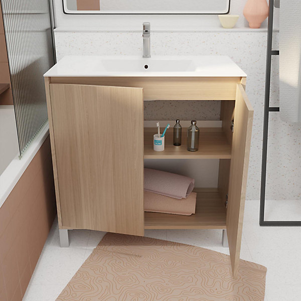 Pack Meuble Salle de Bains 80 cm Chêne Clair, 2 portes avec Vasque Céramique - XENOS