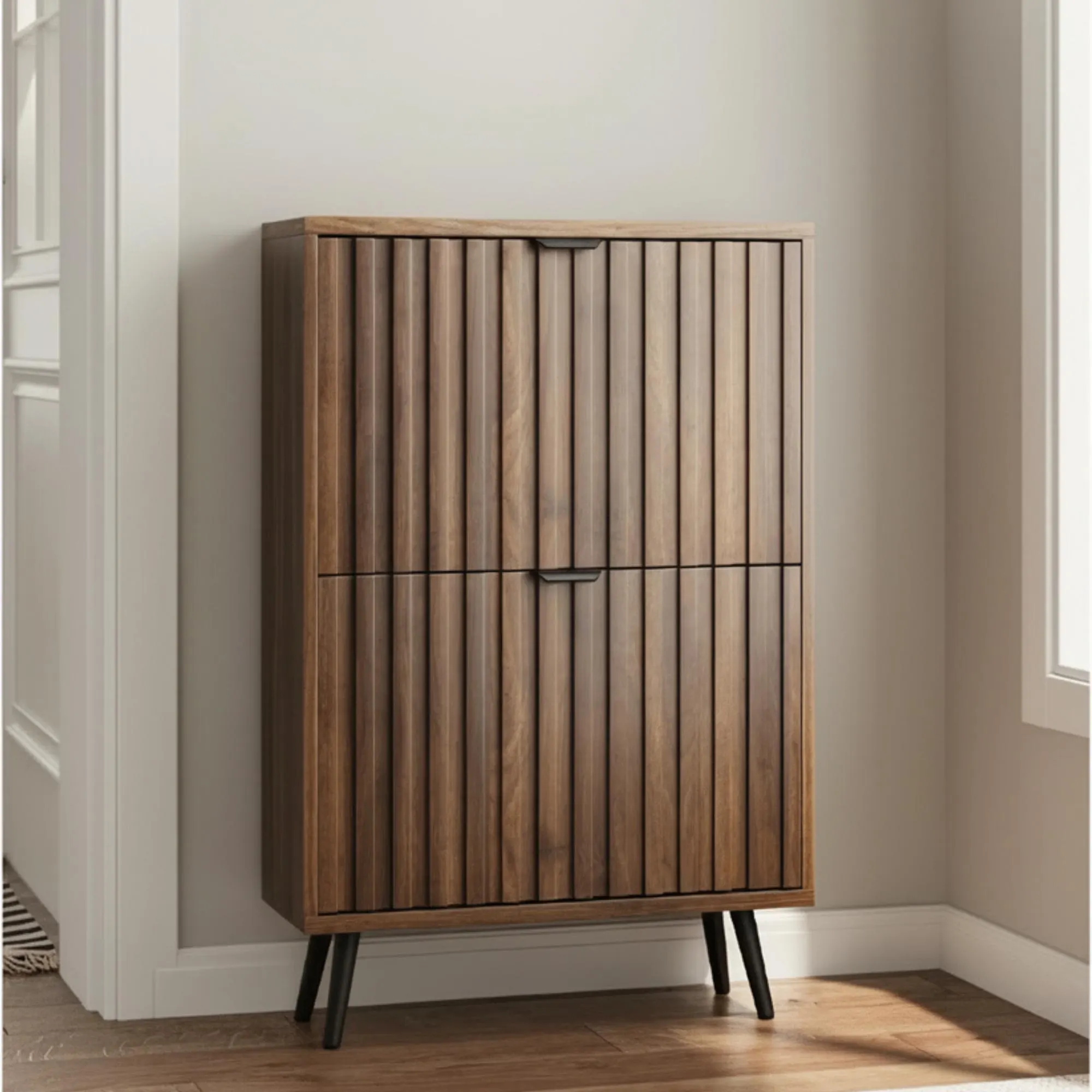 Slim Oak Shoe Storage Cabinet, Modern Ribbed Flip Down Shoe Console, Narrow Entryway Organizer Bench, Wooden Hallway Shoe Rack Credenza