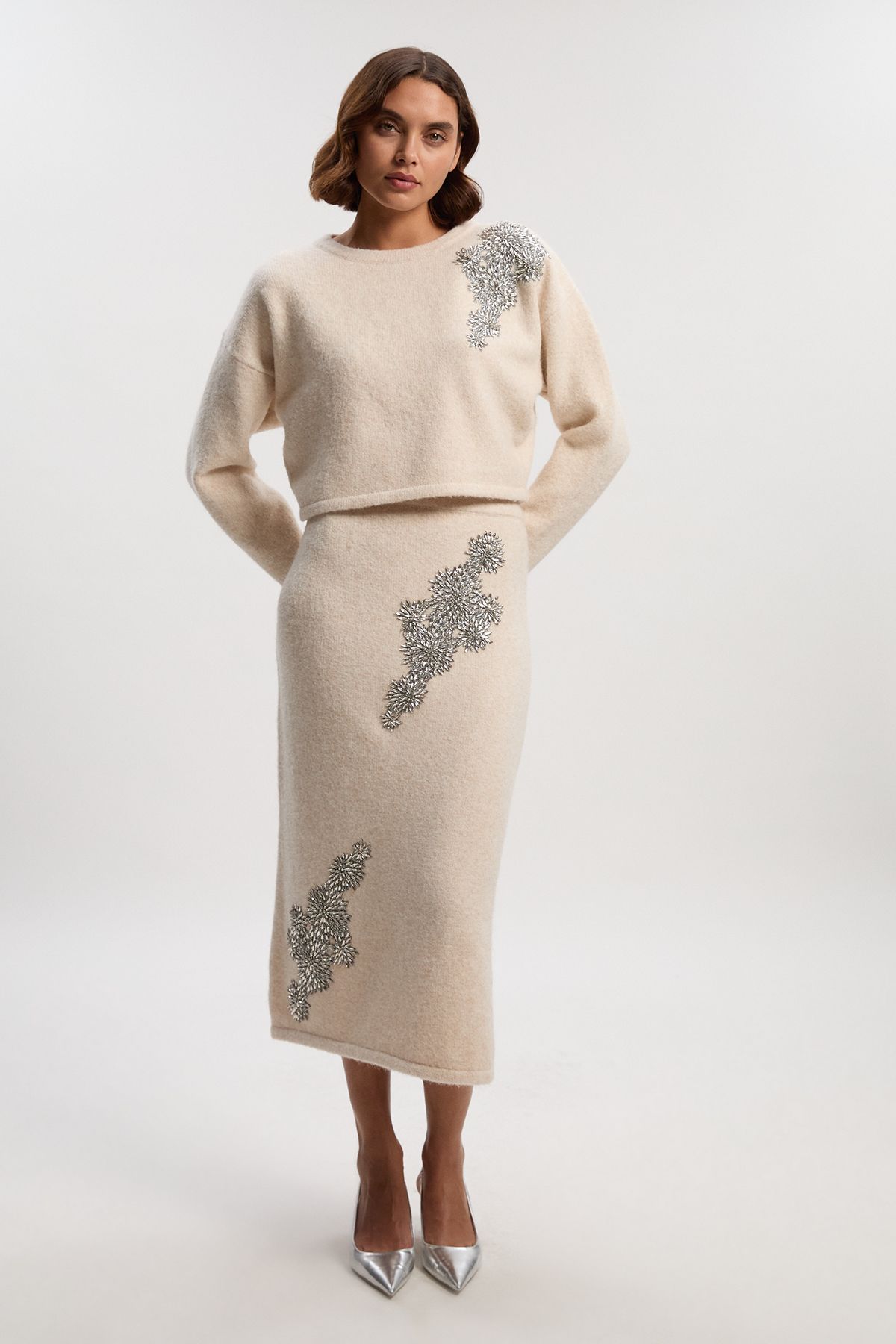 KarenMillen Wool Blend Embellished Cosy Crew Neck Knit Jumper