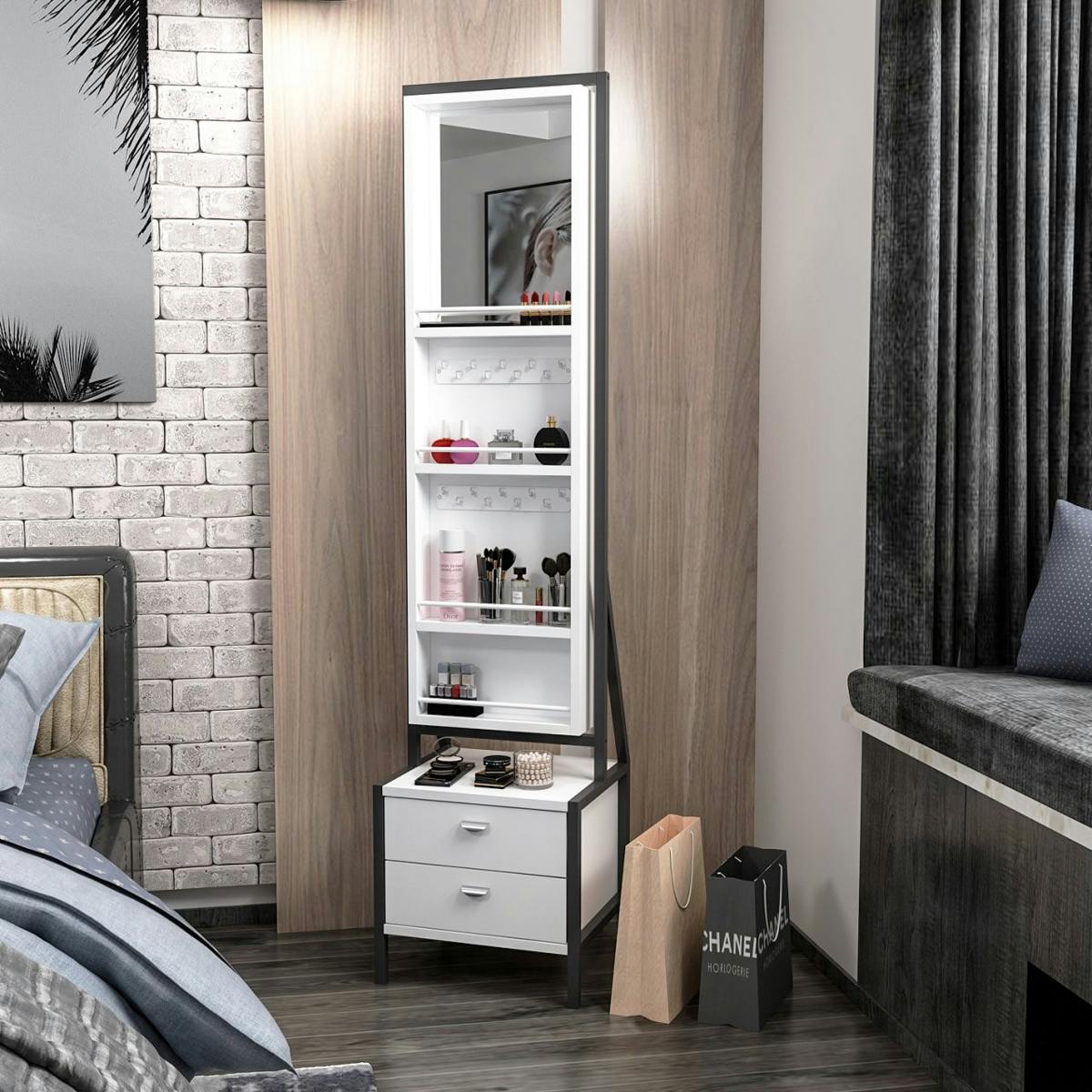 Miroir sur pied avec rangement bijoux maquillage CODY