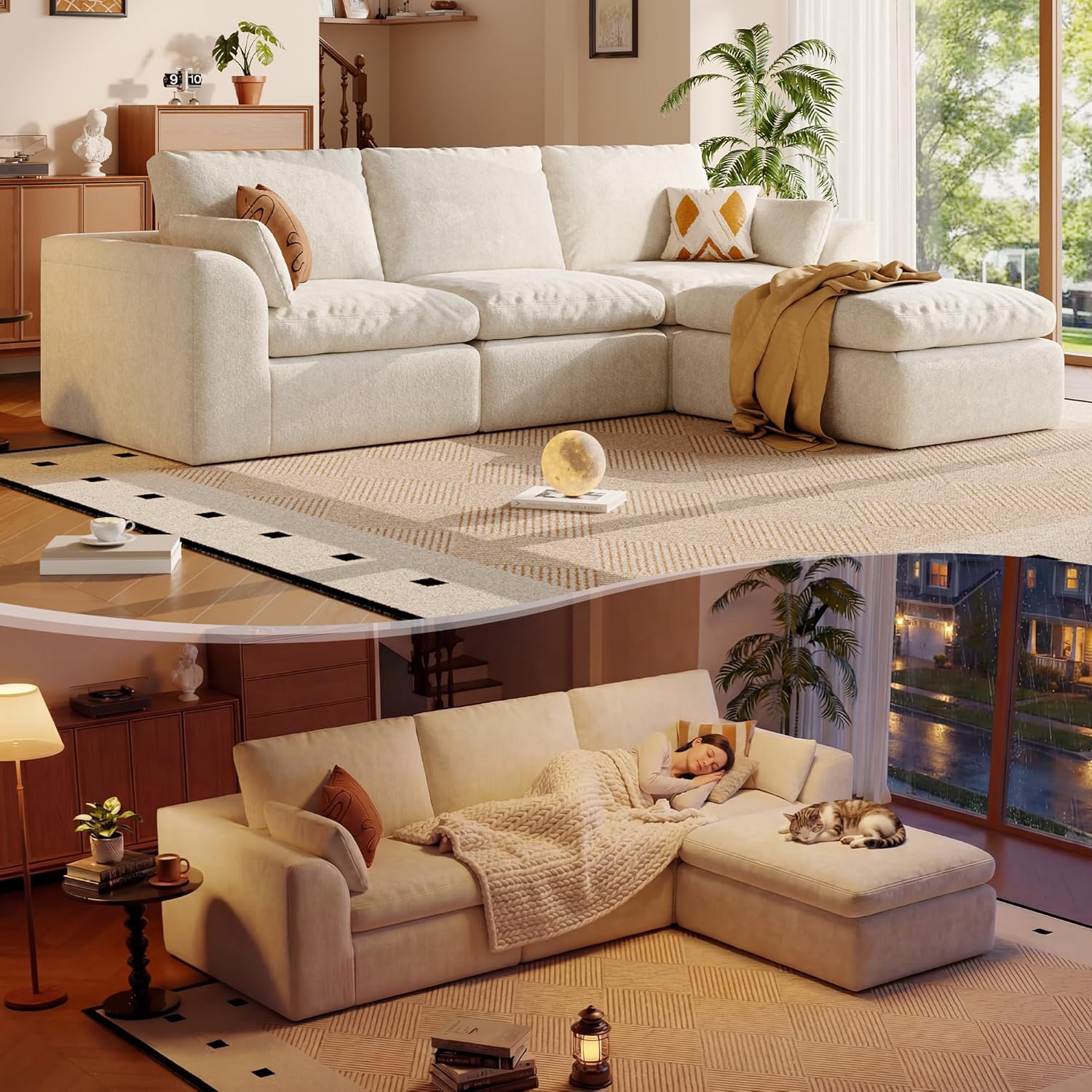 108'' Boneless Cloud couches for Livingroom,Sectional L-Shape Couch with Ottoman,3 Seater Convertible Modular Soft Sofa,White