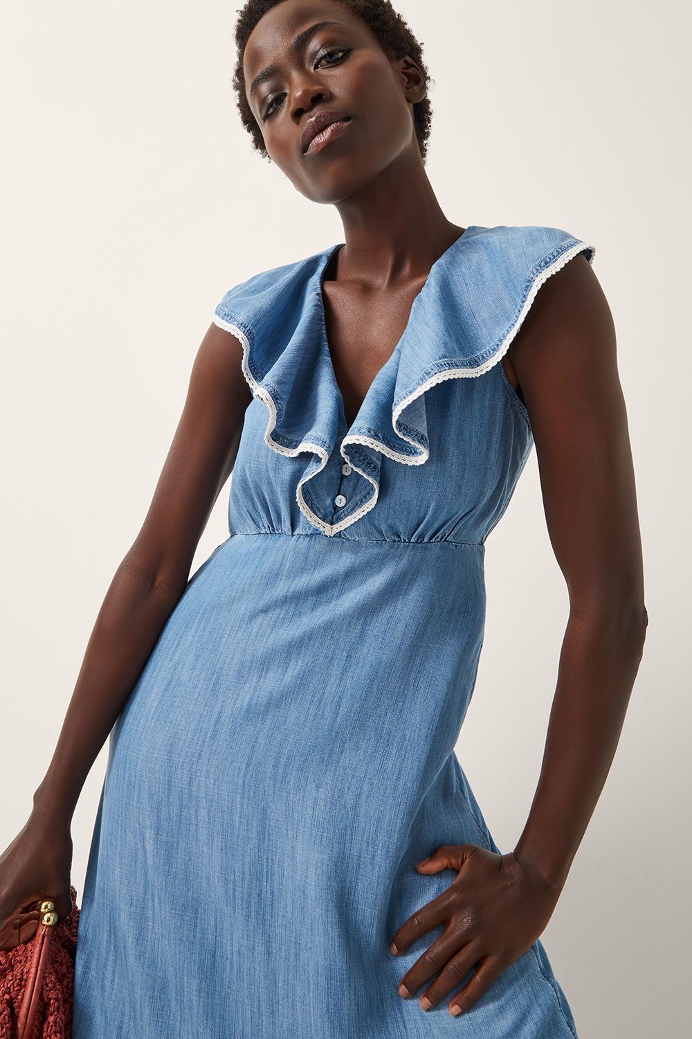 Monsoon Dottie Sleeveless Ruffle Midi Dress Blue