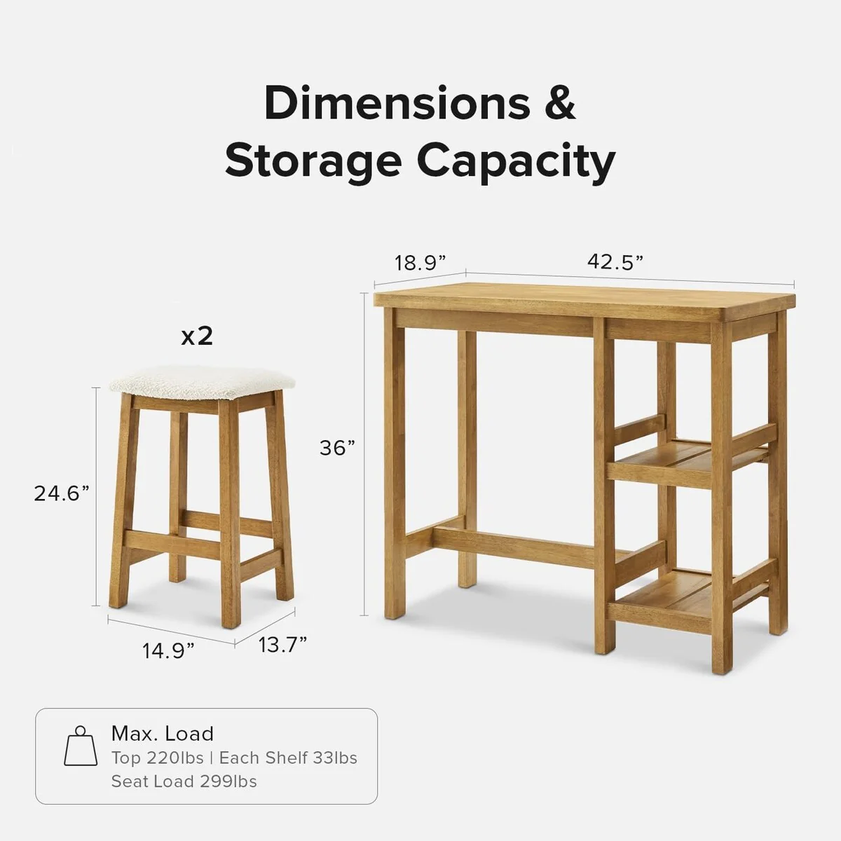 Mopio Kelly Solid Wood Counter Table Set with 2 Boucle stools, 3-piece Dining Set, Small Kitchen Island with Storage Shelves