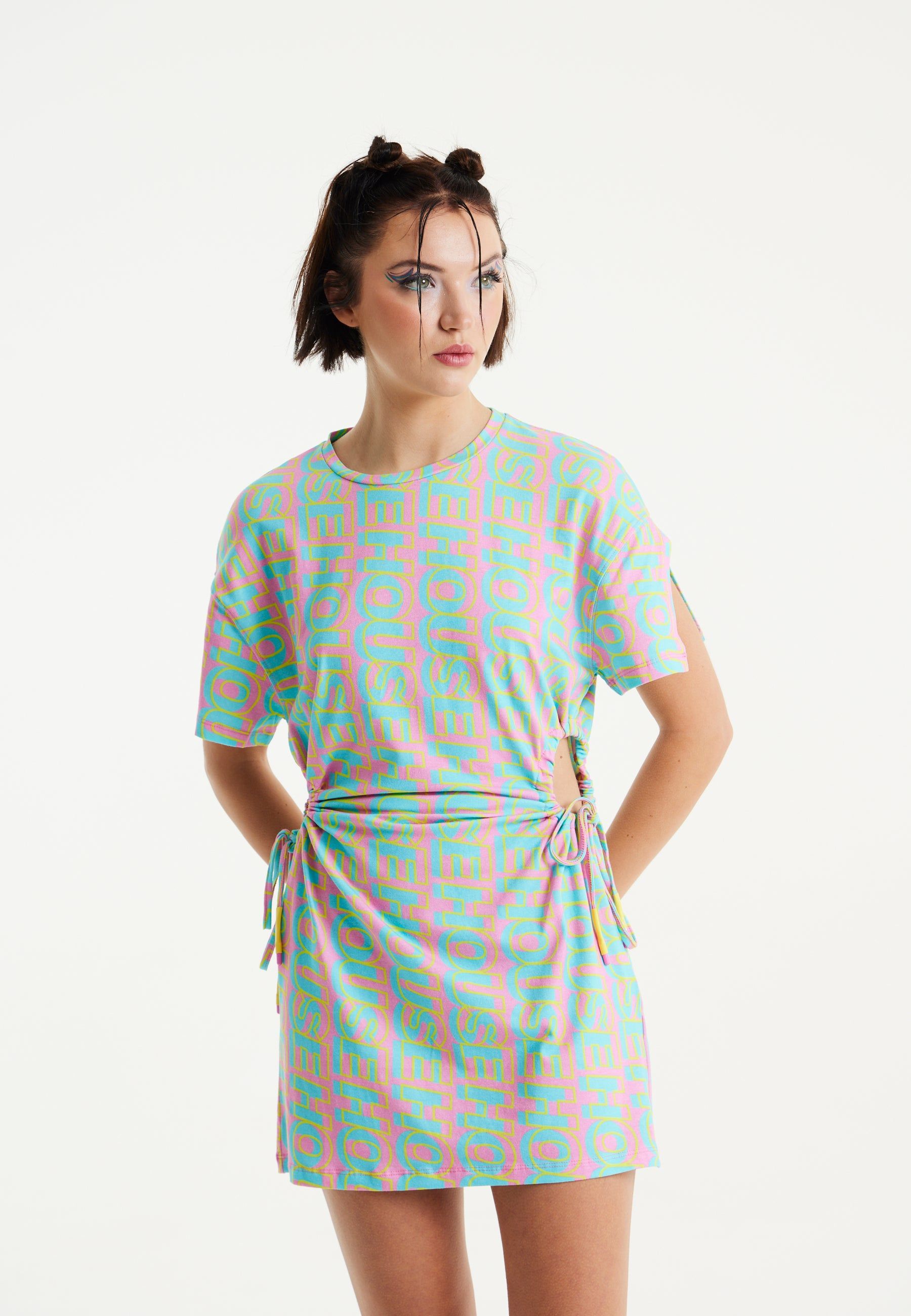 House of Holland Logo Printed Mini Jersey Dress with Cut Out Details and Short Sleeves