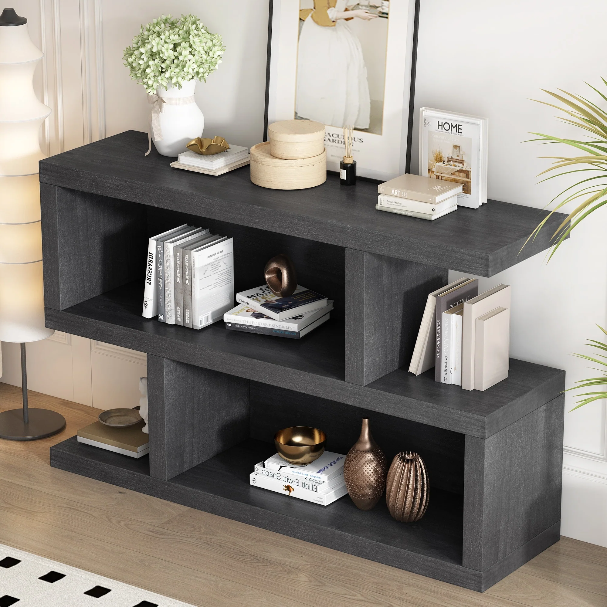Retro Console Table with Symmetrical 2-Tier Open Shelf for Entryway and Living Room