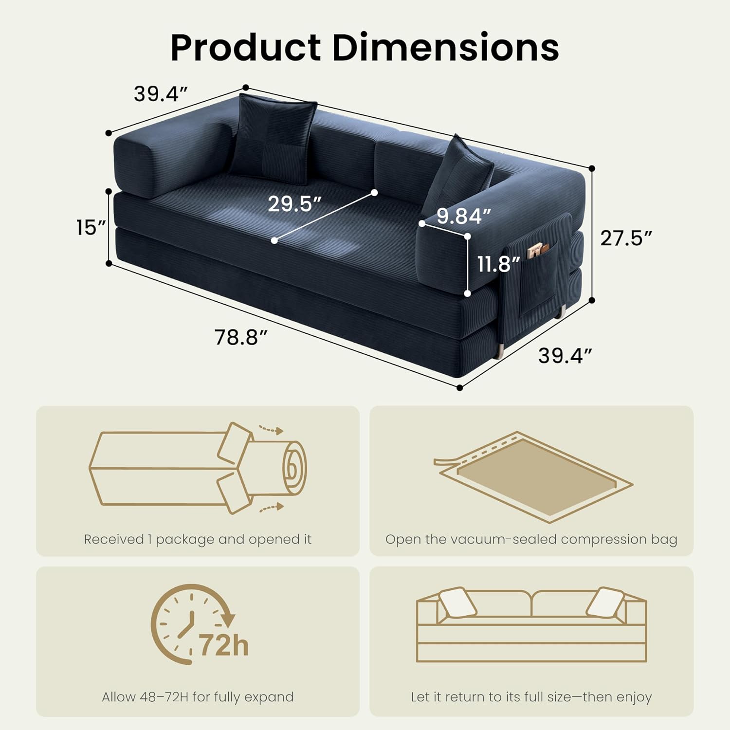 78.8 Convertible Sofa Bed,Corduroy Futon Couch with Storage Pocket,Folding Pull Out Futon Sofa,No Assembly Boneless Couch for Home & Apartment, Royal Blue