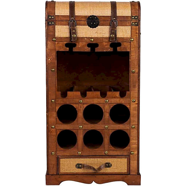Coffre à bouteilles en bois artisanal marron avec tiroir et étagères 30 x 44 x 85 cm marron bois vieilli artisanal