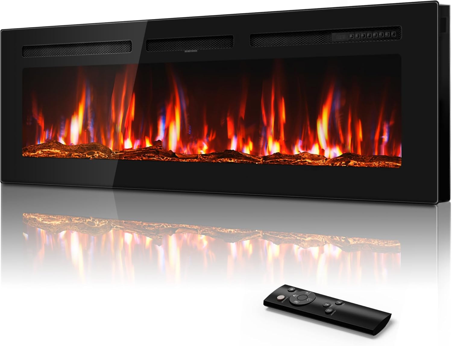 Manastin 60 Ultra-Thin Electric Fireplace Recessed and Wall Mounted with Remote Control, 12 Adjustable Color Fireplace Heater(60-99°F Thermostat), Low Noise, Timer, Child Lock