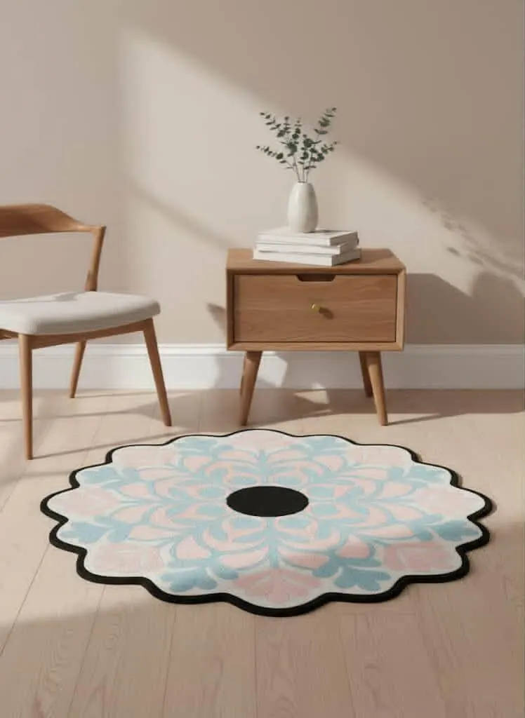 Hand Tufted Wool Flower Rug, Pastel Blue Pink Scalloped Floral Nursery Decor
