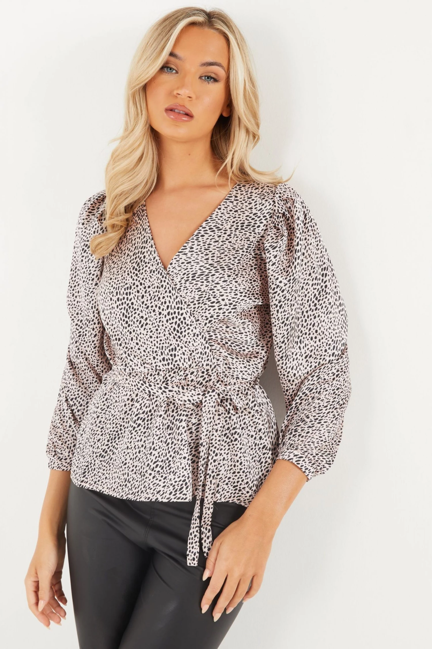 Quiz Pink Animal Print Satin Wrap Peplum Top