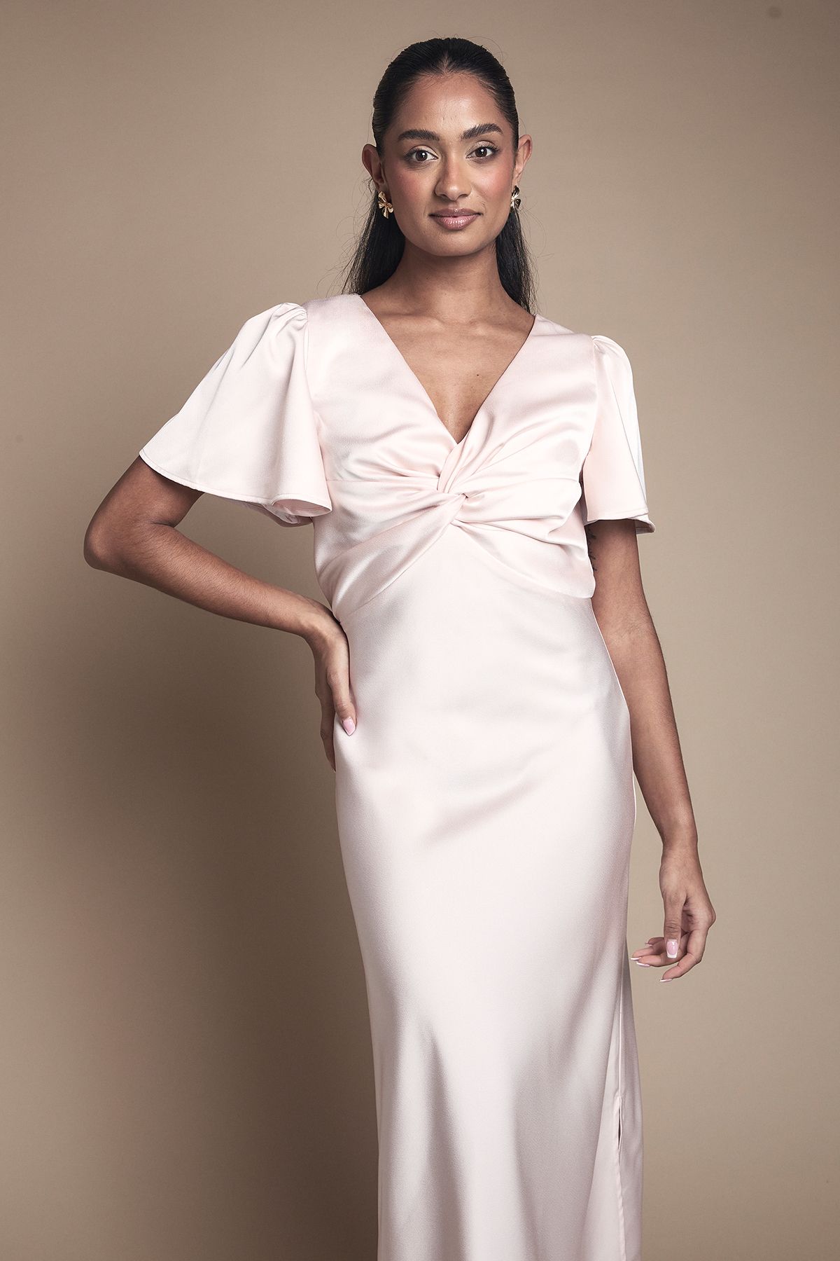 Oasis Satin Twist Front Angel Sleeve Midi Bridesmaid Dress