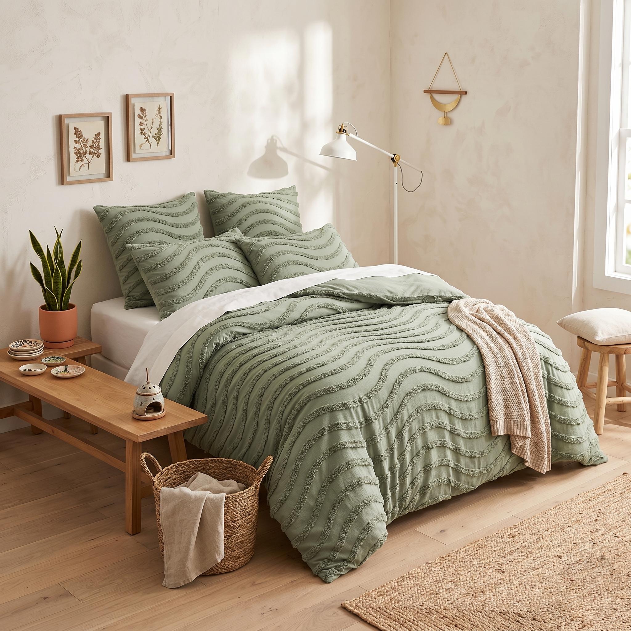 Sage Green 3 Piece Boho Tufted Bedding King/Queen/Twin Size Cotton Duvet Cover Set, Quilt Comforter Cover With Pillowcases