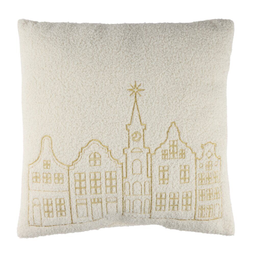Coussin carré imprimé village de No&euml;l tissu bouclette L40X40Xép. 8 cm blanc