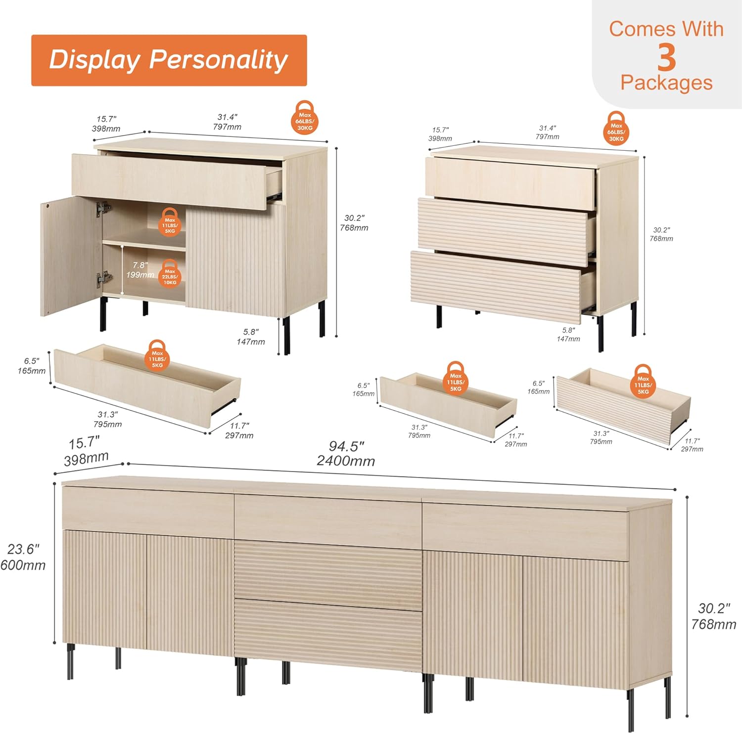 WAMPAT Fluted TV Stand for TVs up to 100 inchs, 3 in 1 Modern Entertainment Center with Storage Cabinets and 5 Drawers & 4 Doors, Wood Media TV Console Table with Storage for Living Room, Beige