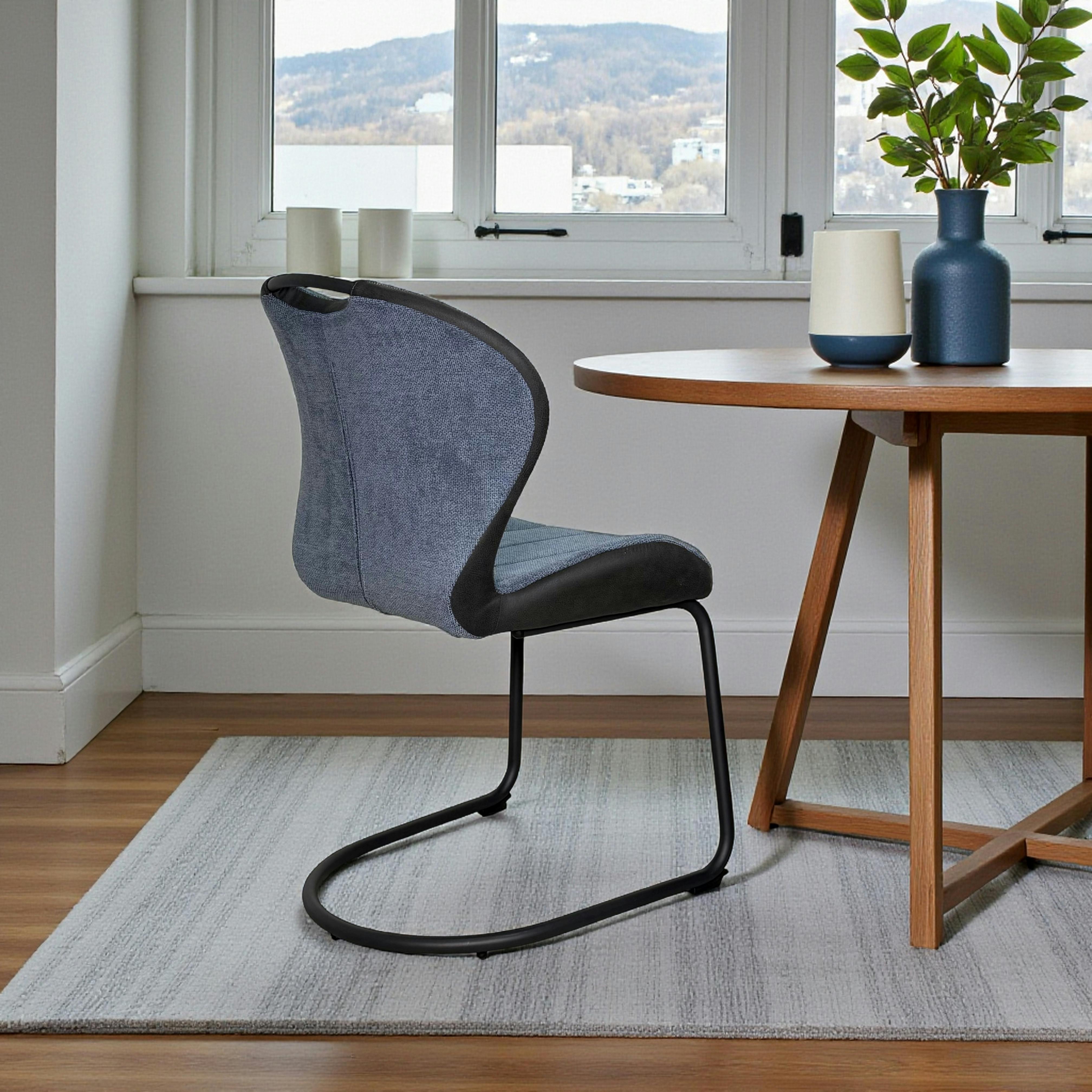 Chaise pied luge bi-matière en tissu bleu (lot de 2) LIGURIE