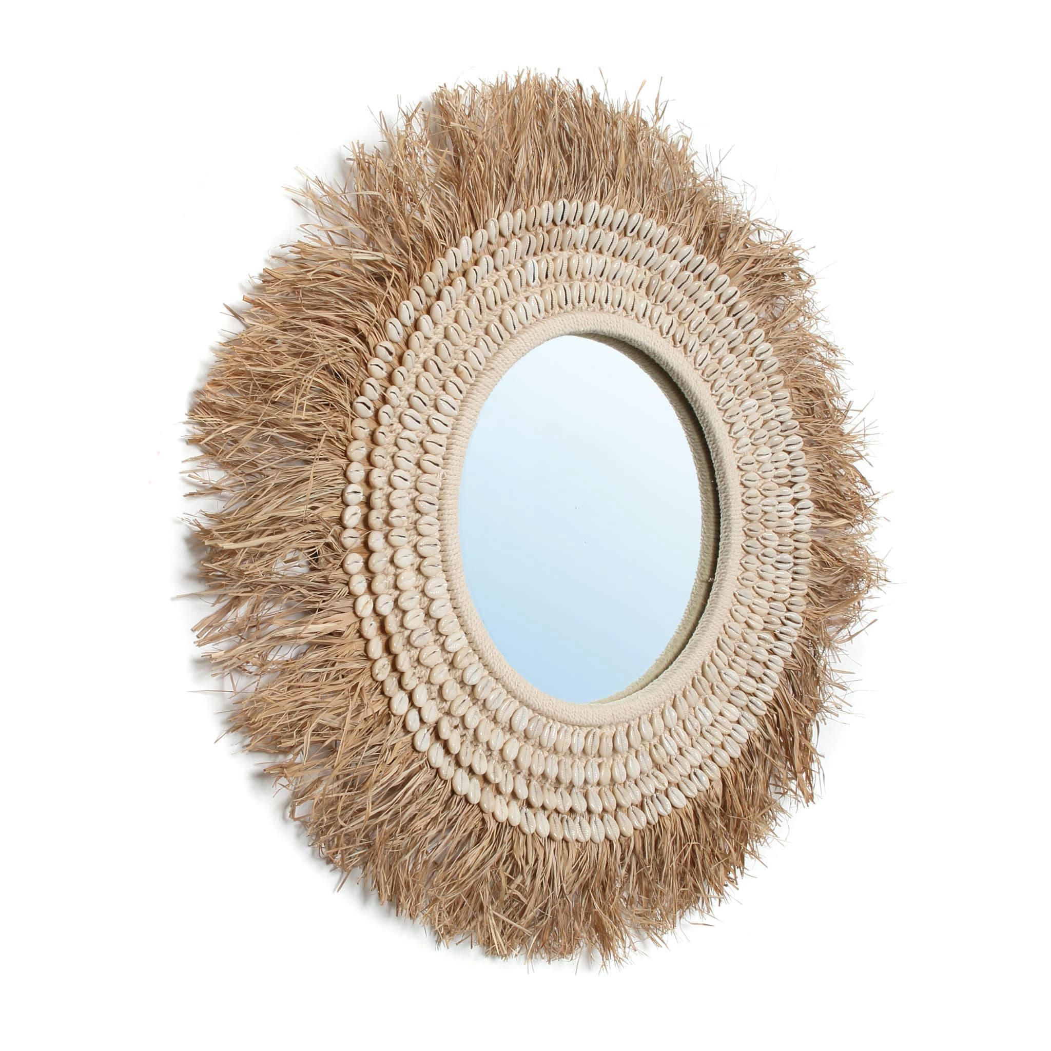 RAFFIA COWRIE - Miroir en raphia et coquillages naturel blanc D75