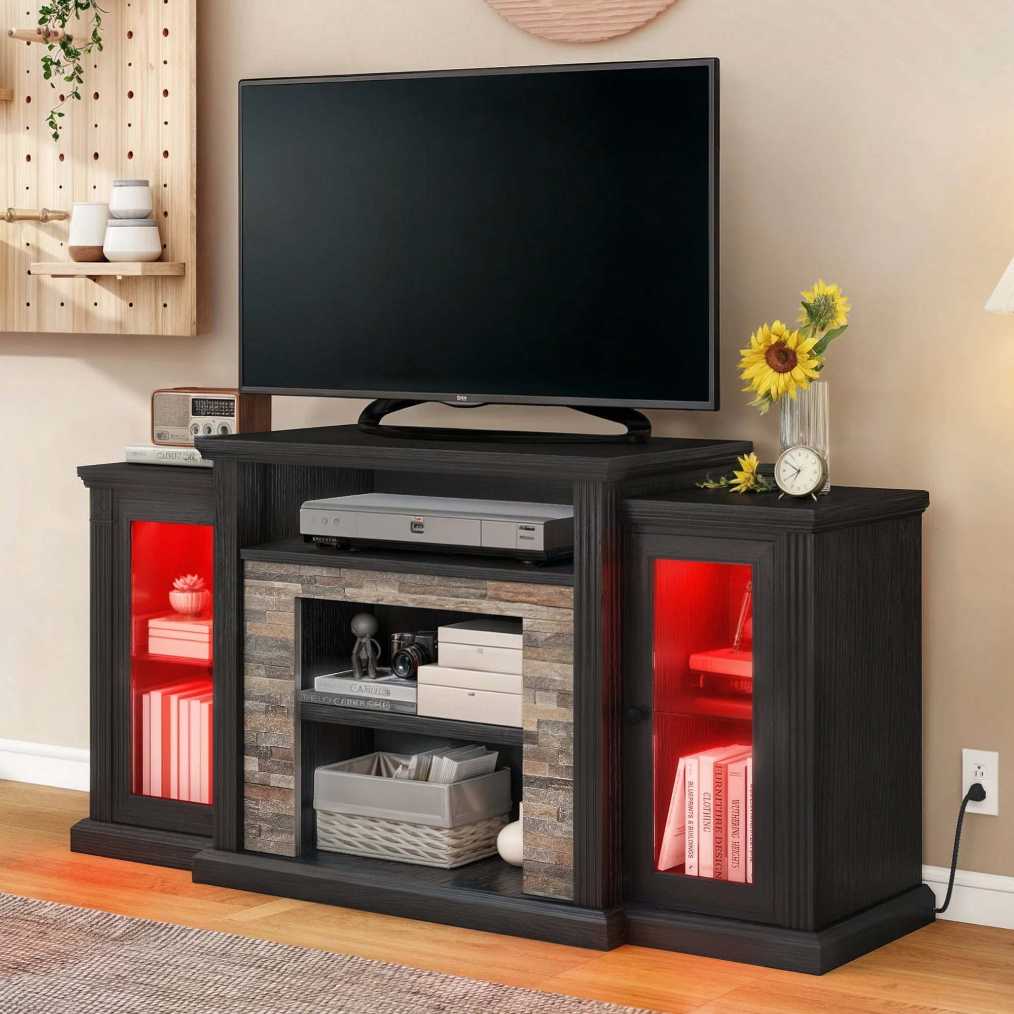Moasis Farmhouse Modern LED TV Stand Entertainment Center for TVs up to 65-Inch with Glass Doors