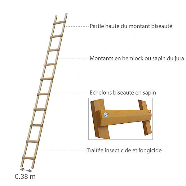 Echelle de toit en bois - Ecartement des barreaux 39cm - Longueur 3.50m - B3135039