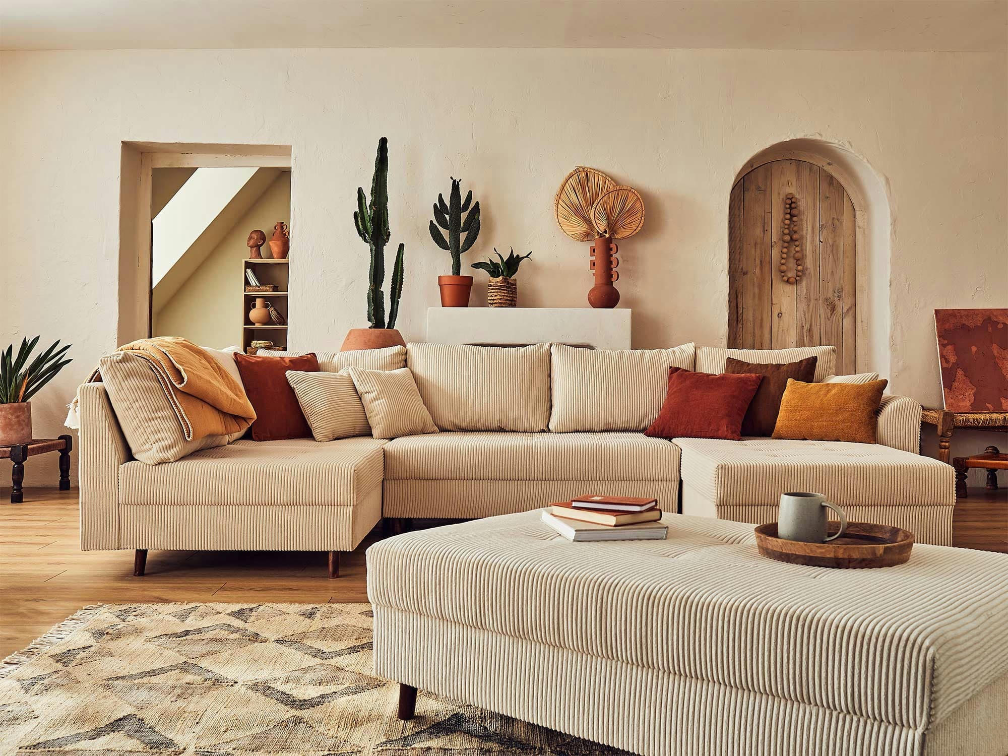 RUNE - Canapé d'angle gauche convertible 7 places en velours côtelé beige