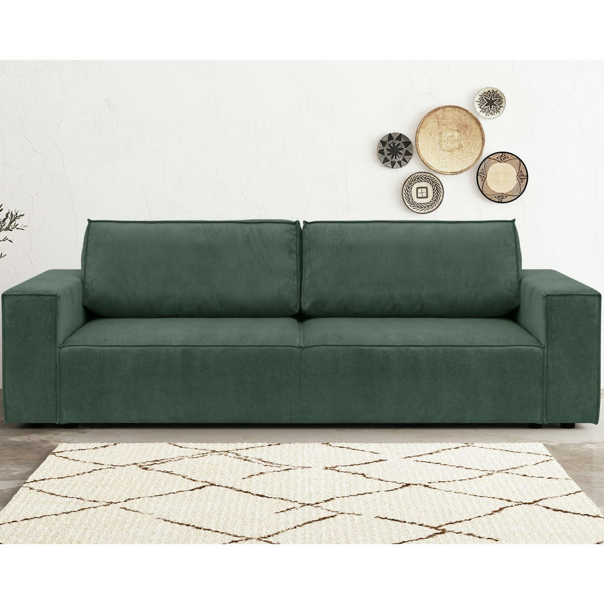 HARPER - Canapé convertible 3 Places avec coffre en velours fines côtes vert