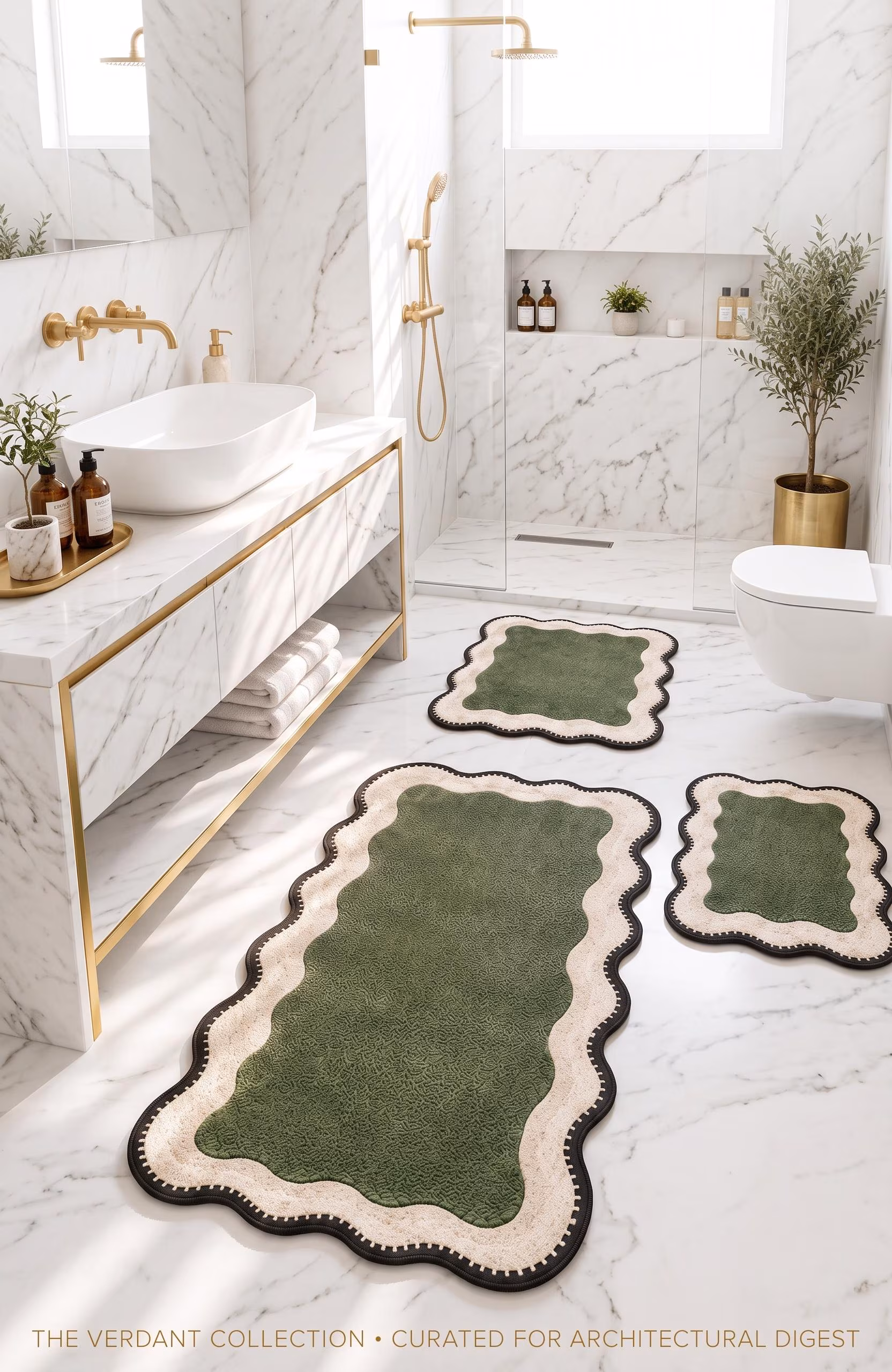 Scalloped Edge Bath Mat Set, Green Beige Wavy Boho Bathroom Rugs