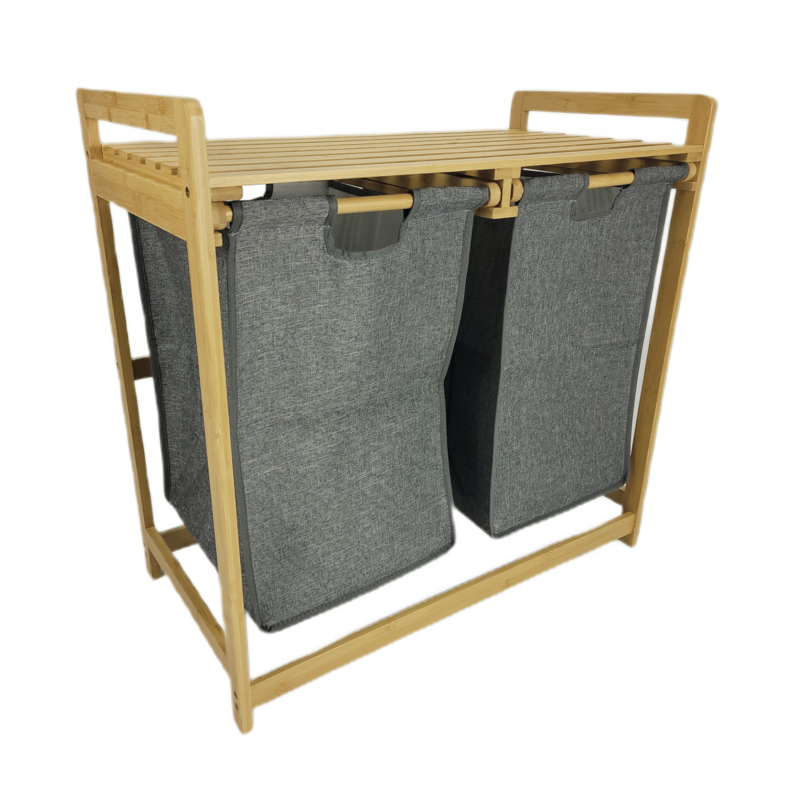 Kosz na pranie bambusowy 2 komory półka organizer szary 68x40x35 | BEGRYF