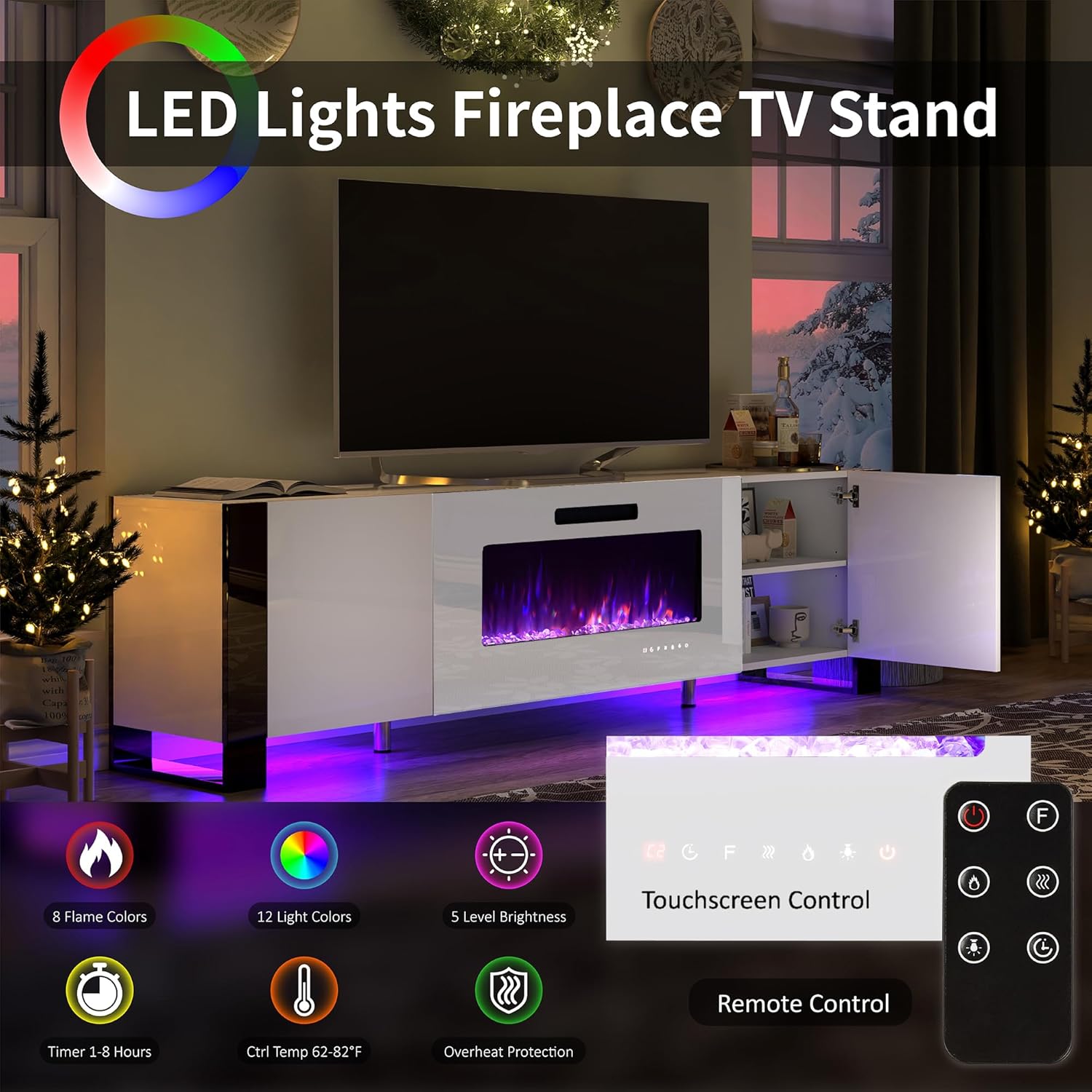 VanAcc 70 Fireplace TV Stand with 36 Electric Fireplace, High Gloss Entertainment Center with LED Lights, Modern Entertainment Stand for TVs up to 80, White
