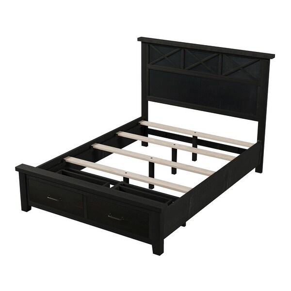 Rustic Farmhouse Style Queen Storage Panel Bed with Two Drawers