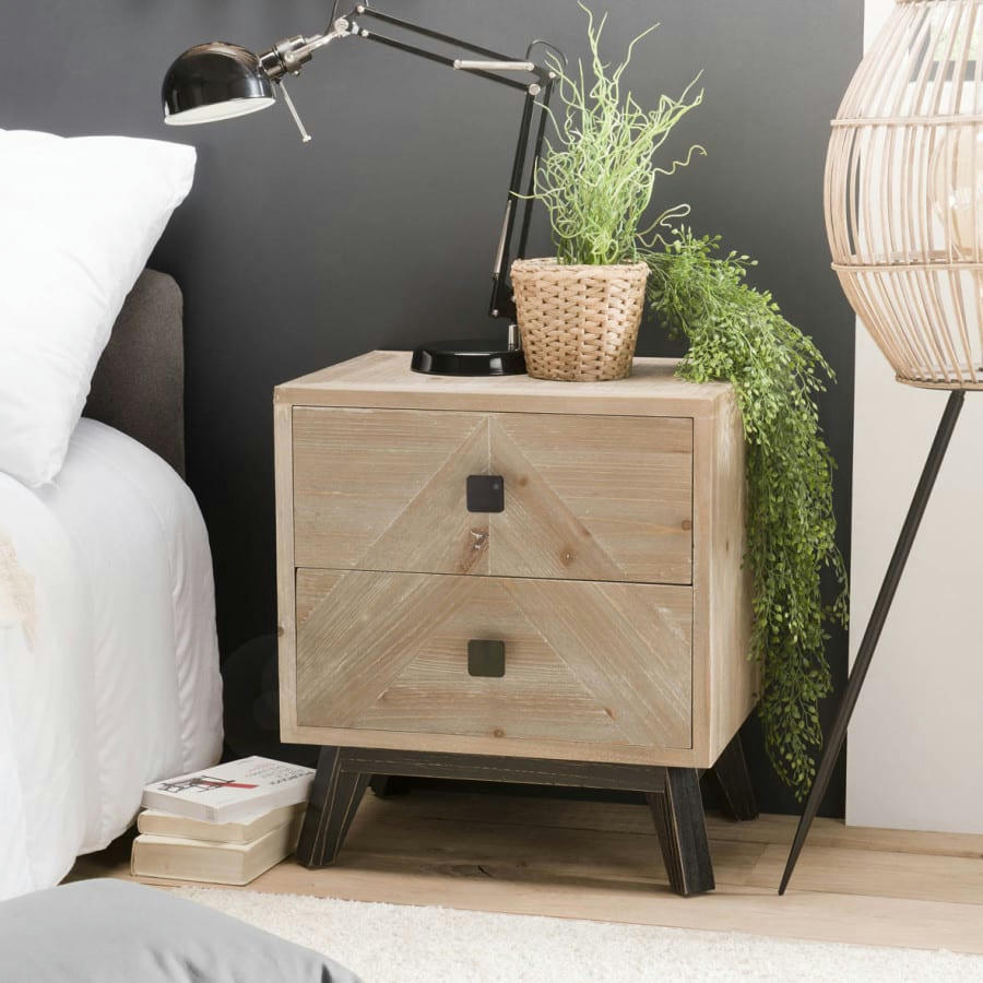 ANDRO - Chevet 2 tiroirs beige pieds en sapin noir