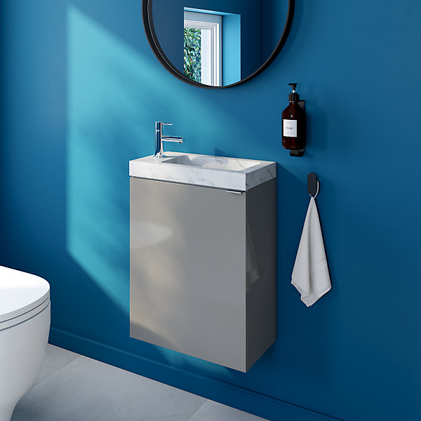 Meuble lave-mains suspendu gris brillant l.44 cm Imandra   plan vasque effet marbre blanc, GoodHome