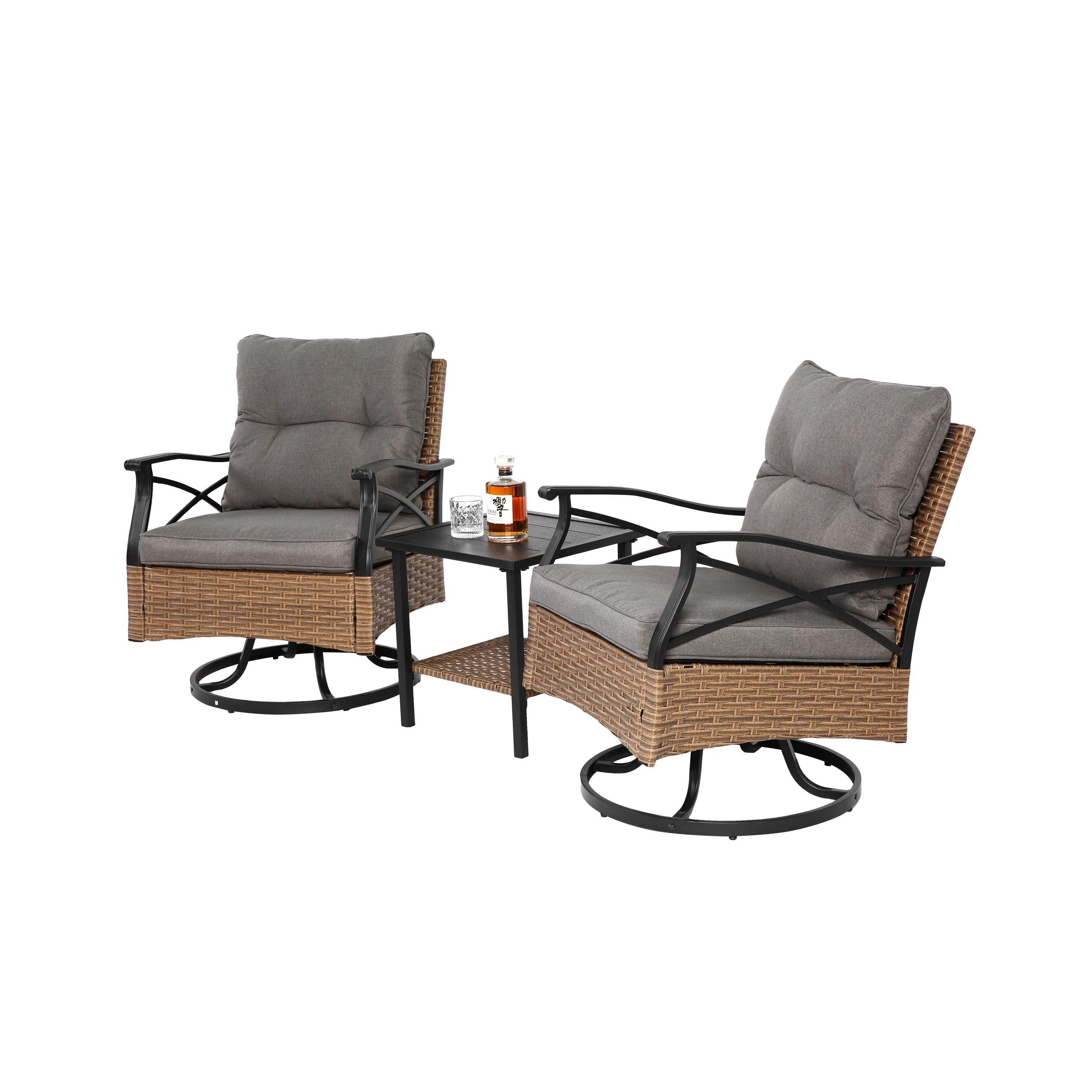 Outdoor Swivel Rocker Chairs Set 3 Piece with 1 Table and 2 Rocking & Swivel Chairs Support 350lbs Brown Wicker Outdoor
