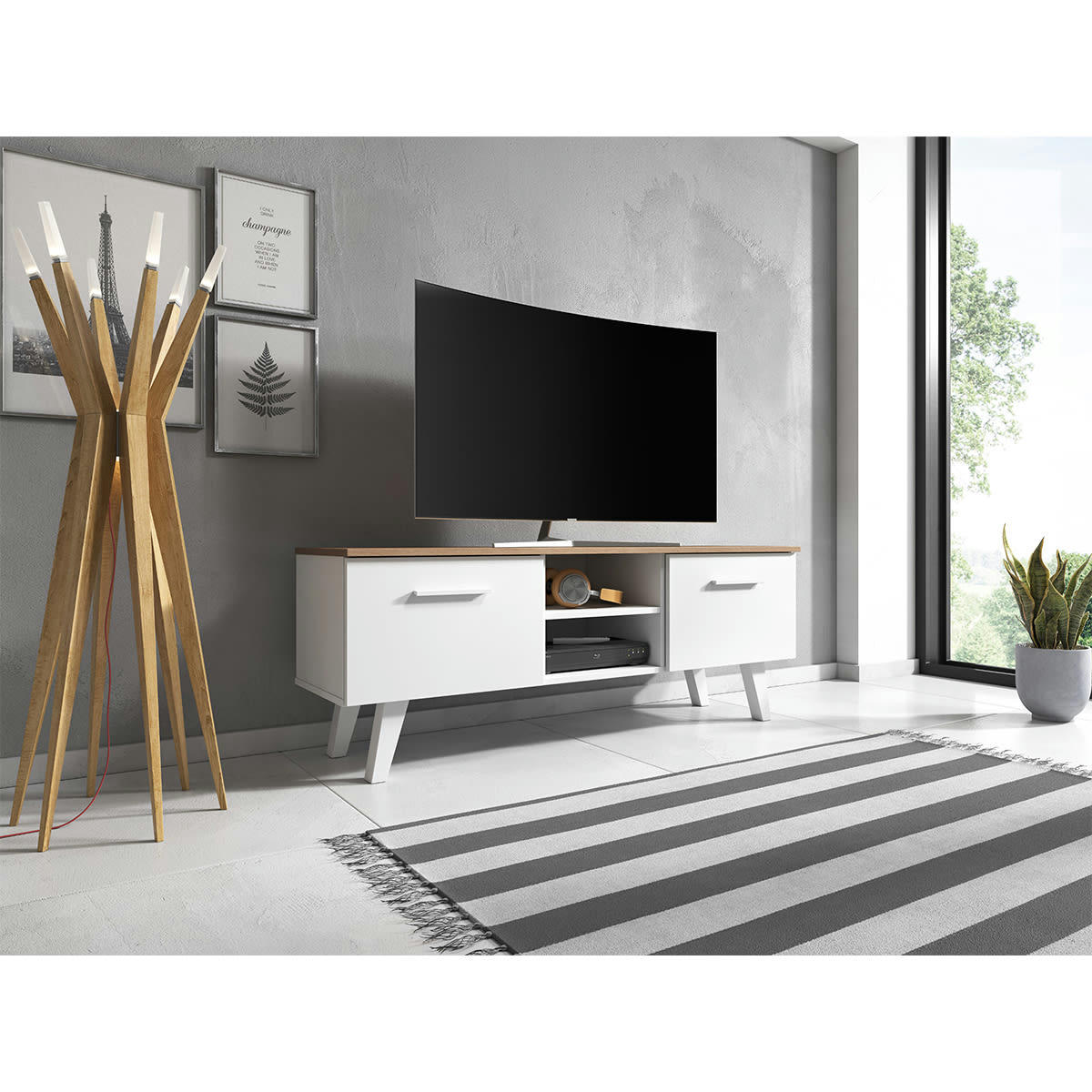 NORD - Meuble tv 2 portes 140 cm blanc et naturel