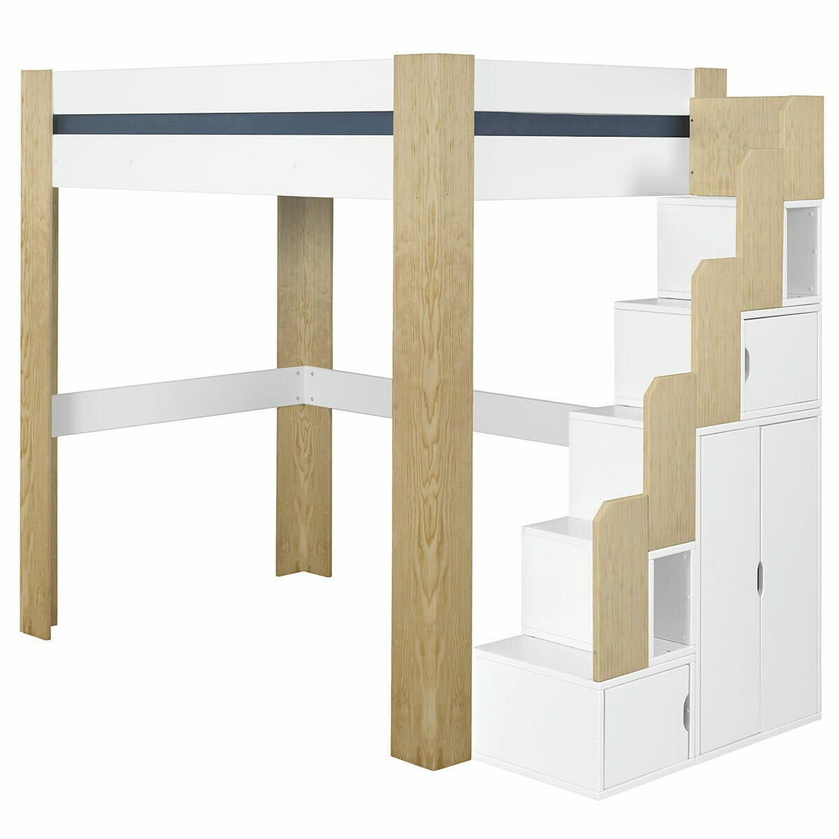 ALEX - Pack lit mezzanine bureau et matelas 90x190 bois massif blanc et bois