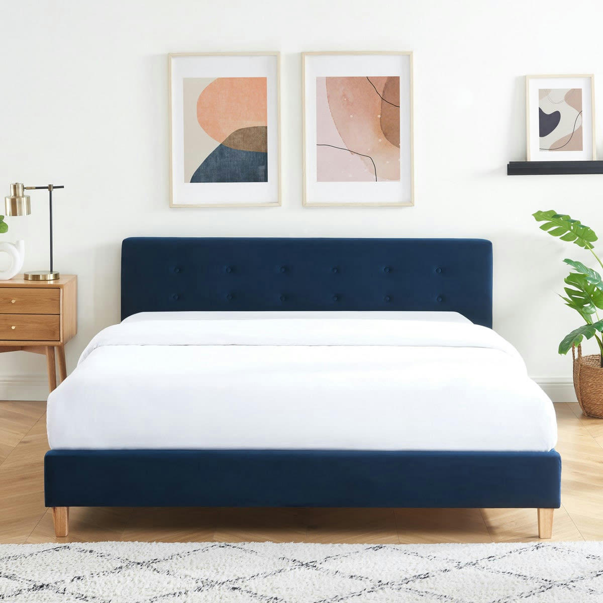 MILO - Lit adulte 160x200 avec tête de lit en velours bleu foncé et sommier