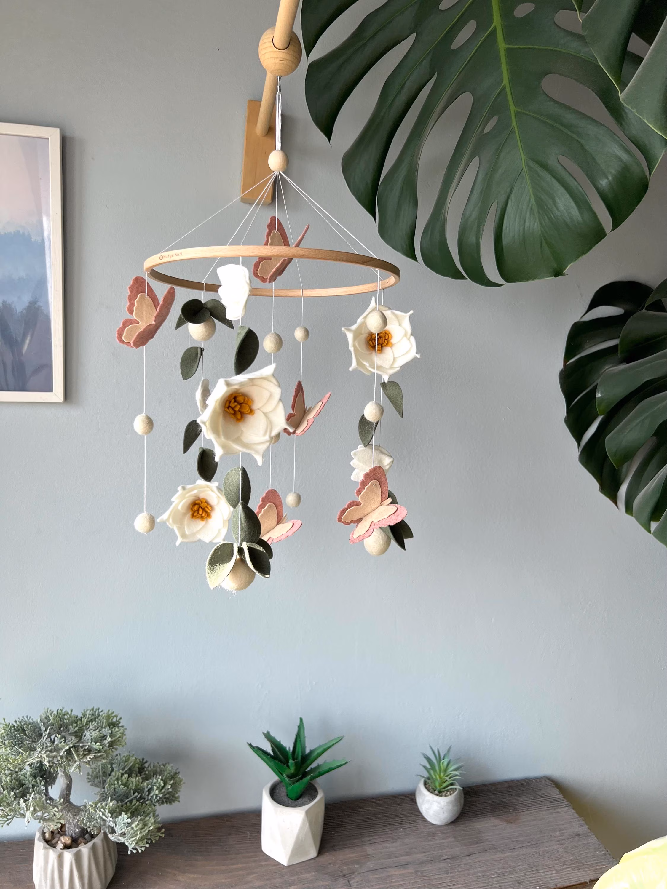 Flowers baby mobile, Butterfly crib mobile, green floral baby mobile, hanging felt mobile, cot mobile for baby girl, flowers nursery decor