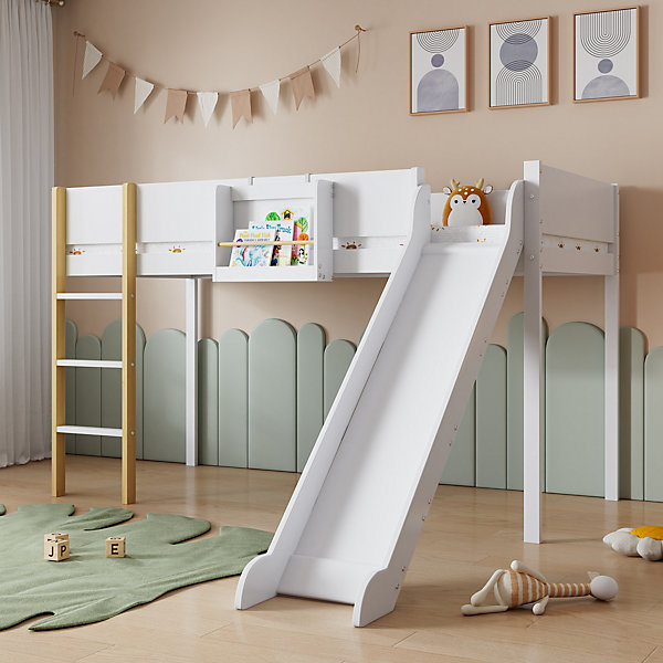 Lit superposé 90x200 cm avec toboggan et échelle 3 marches, étagère amovible, pin et MDF blanc/naturel