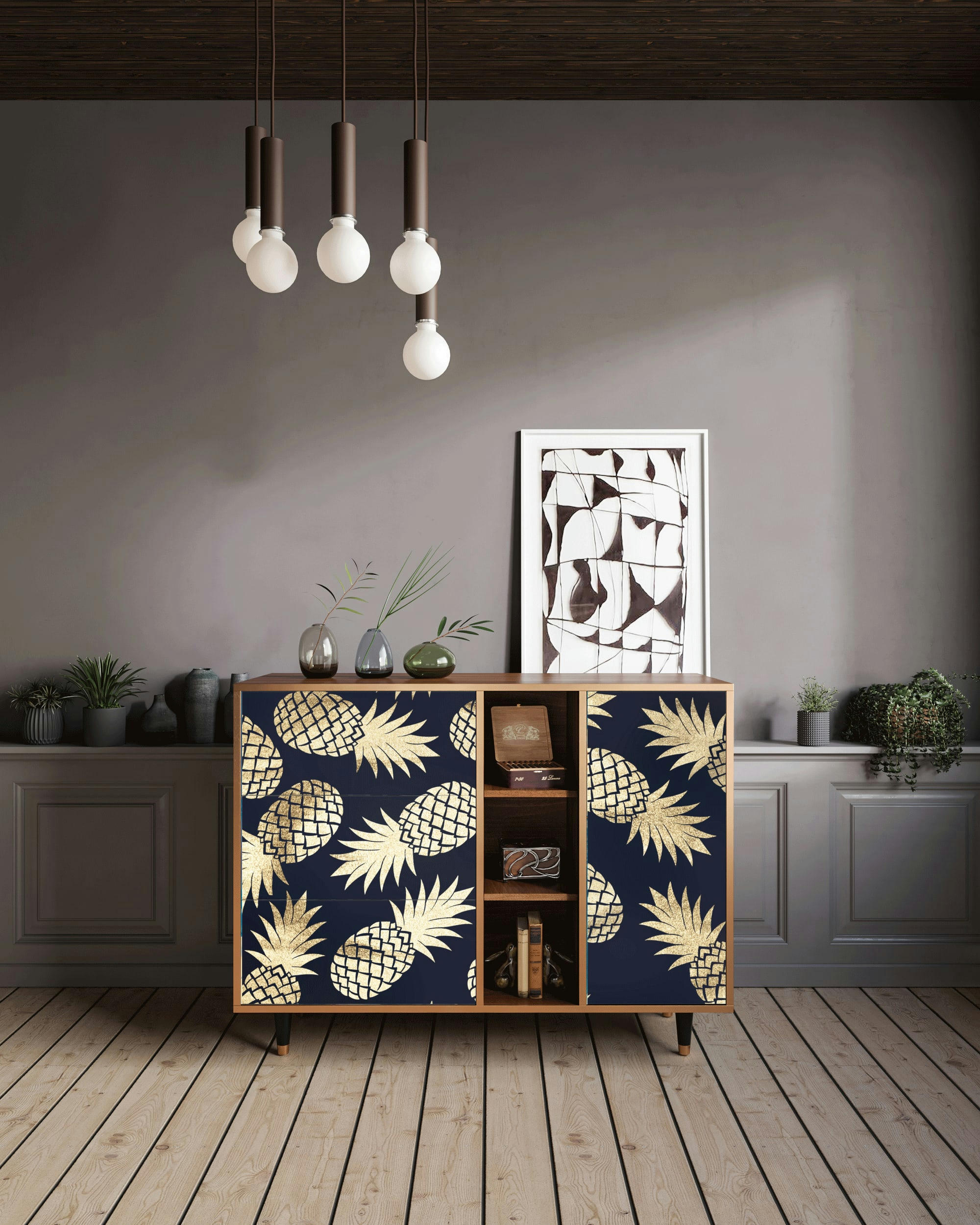 SUNNY PINEAPLE - Buffet  bleu et jaune 3 tiroirs et 1 porte L 125 cm