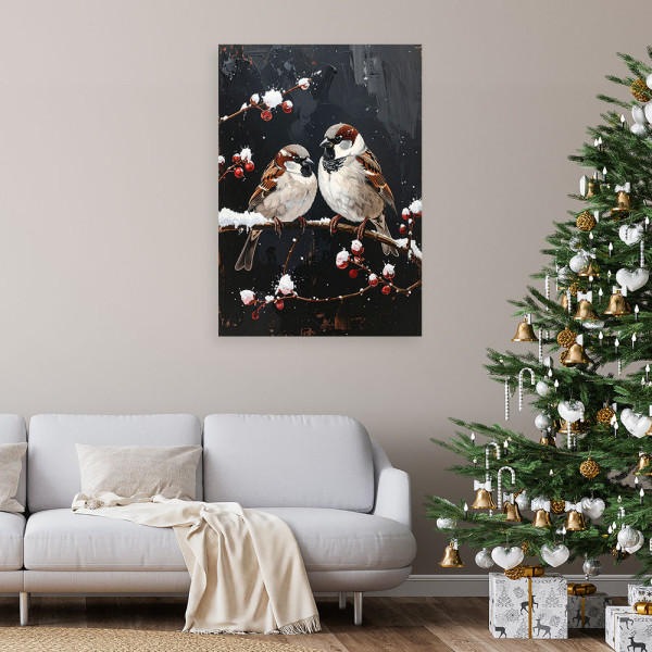Obraz do salonu kuchni biura, Ptaki siedzące nocą na gałęzi 20x30